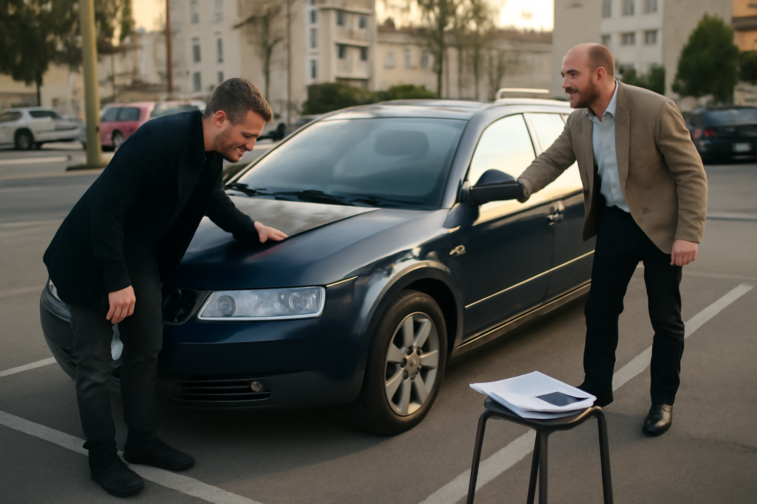 100 audi a4 break d’occasion garée sur un parking urbain, lumière de fin d’après-midi, acheteur consultant des documents