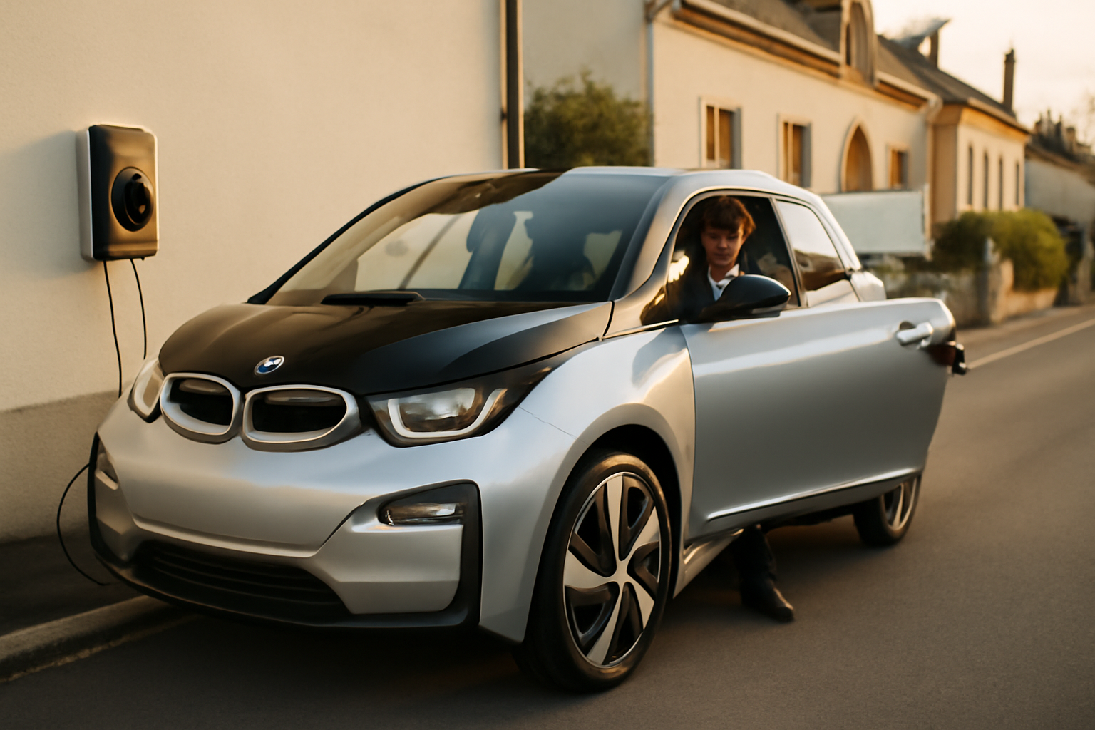 BMW i3 automatique d’occasion à l’arrêt près d’une borne de recharge, vue réaliste en France, 22 juin 2026