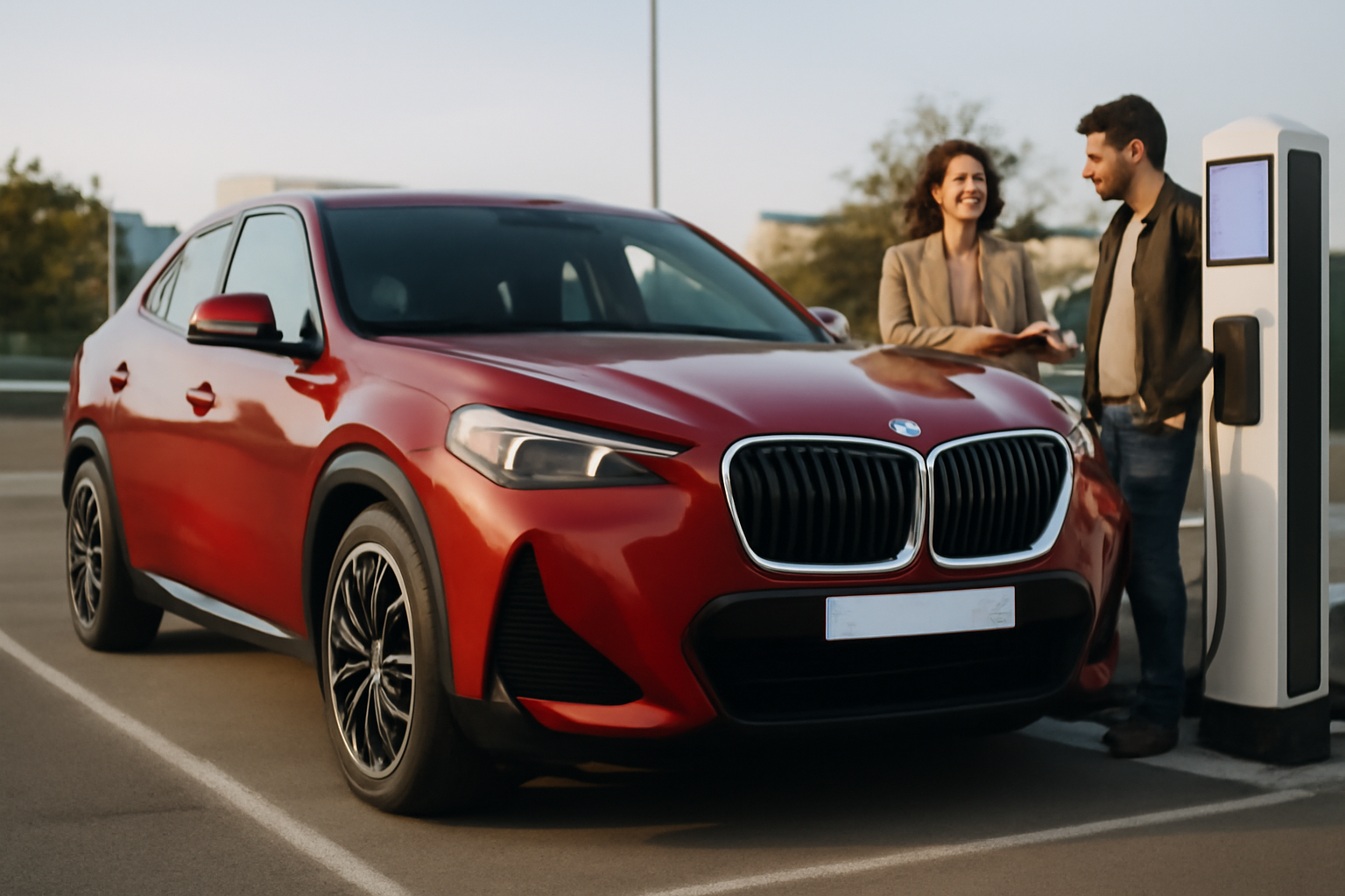 147 bmw ix2 rouge garée près d’une station de recharge rapide en France, lumière de fin d’après-midi, scène photo réaliste