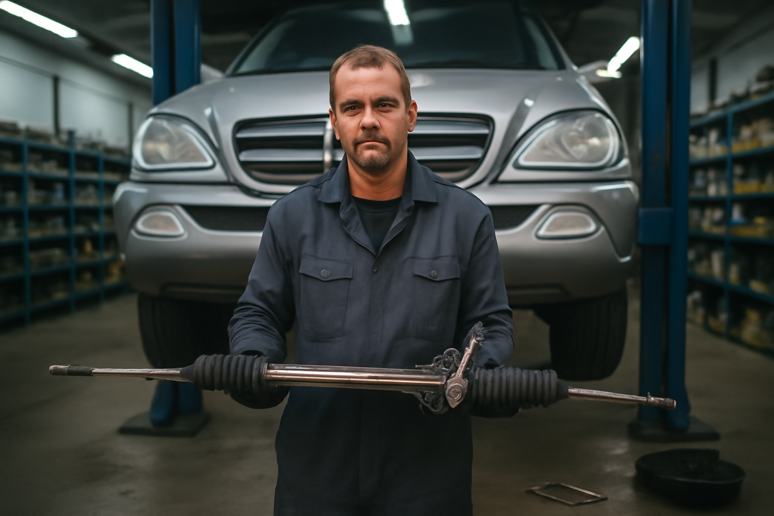 163 crémaillère de direction sur Mercedes ML W163 en atelier