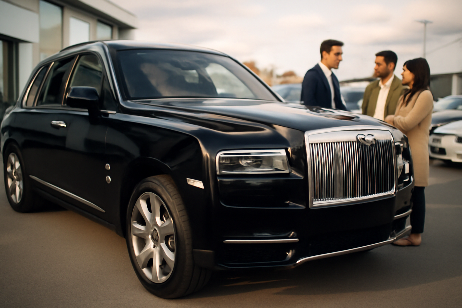 174 rolls royce cullinan stationnée près d’un concessionnaire en France, lumière de fin d’après-midi