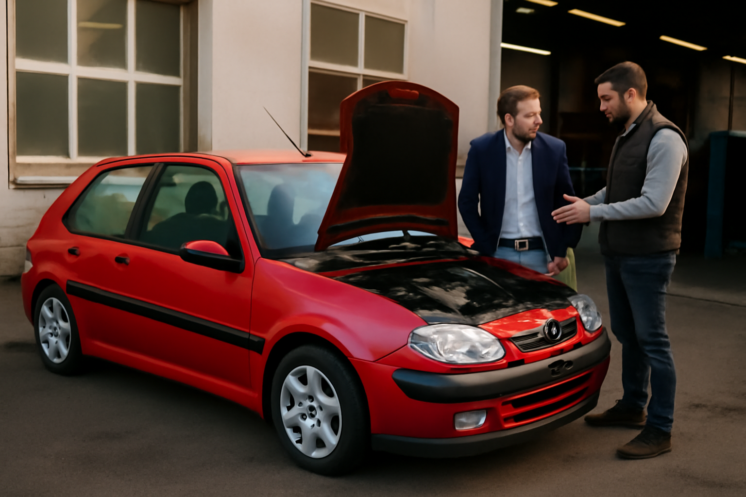 222 saxo vts rouge garée près d’un garage, lumière de fin d’après-midi