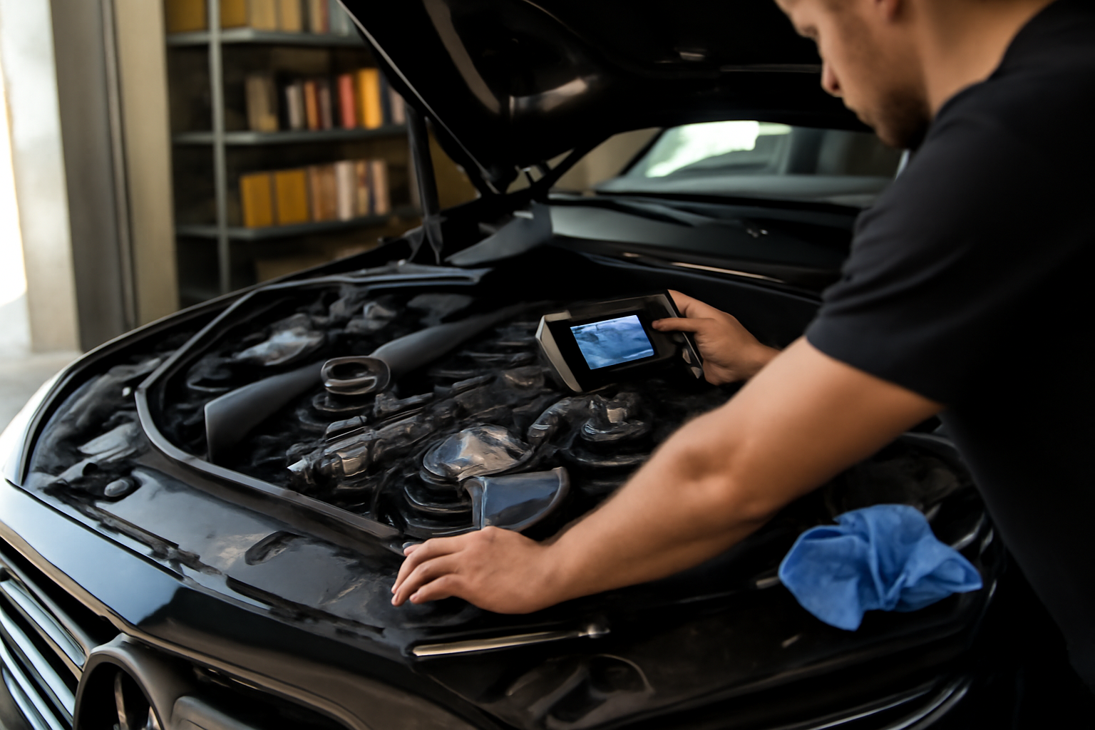 Moteur Mercedes M278 dans une baie moteur au sol, diagnostic OBD et outillage