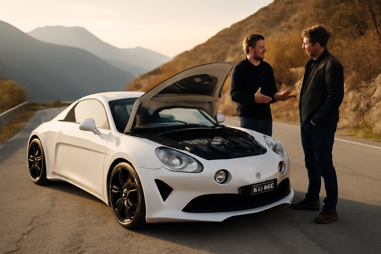 Alpine A110 S blanche 297 ch sur route sinueuse de montagne, lumière de fin d’après-midi, photo réaliste
