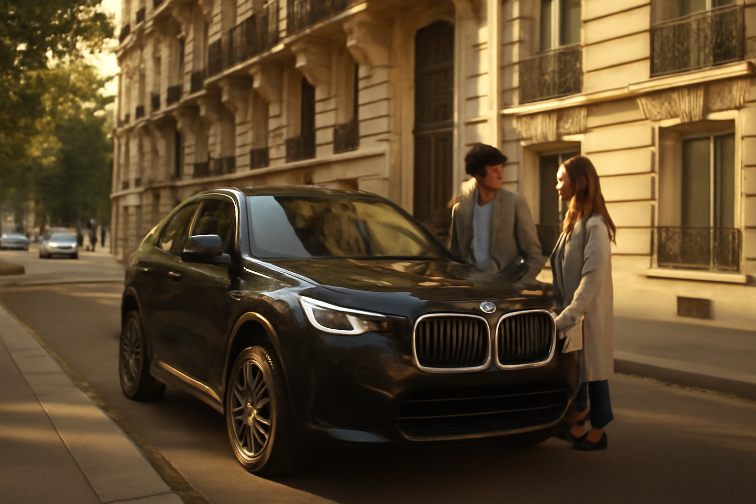 30 bmw ix1 garée en ville devant un immeuble, lumière de fin d’après-midi, photo réaliste