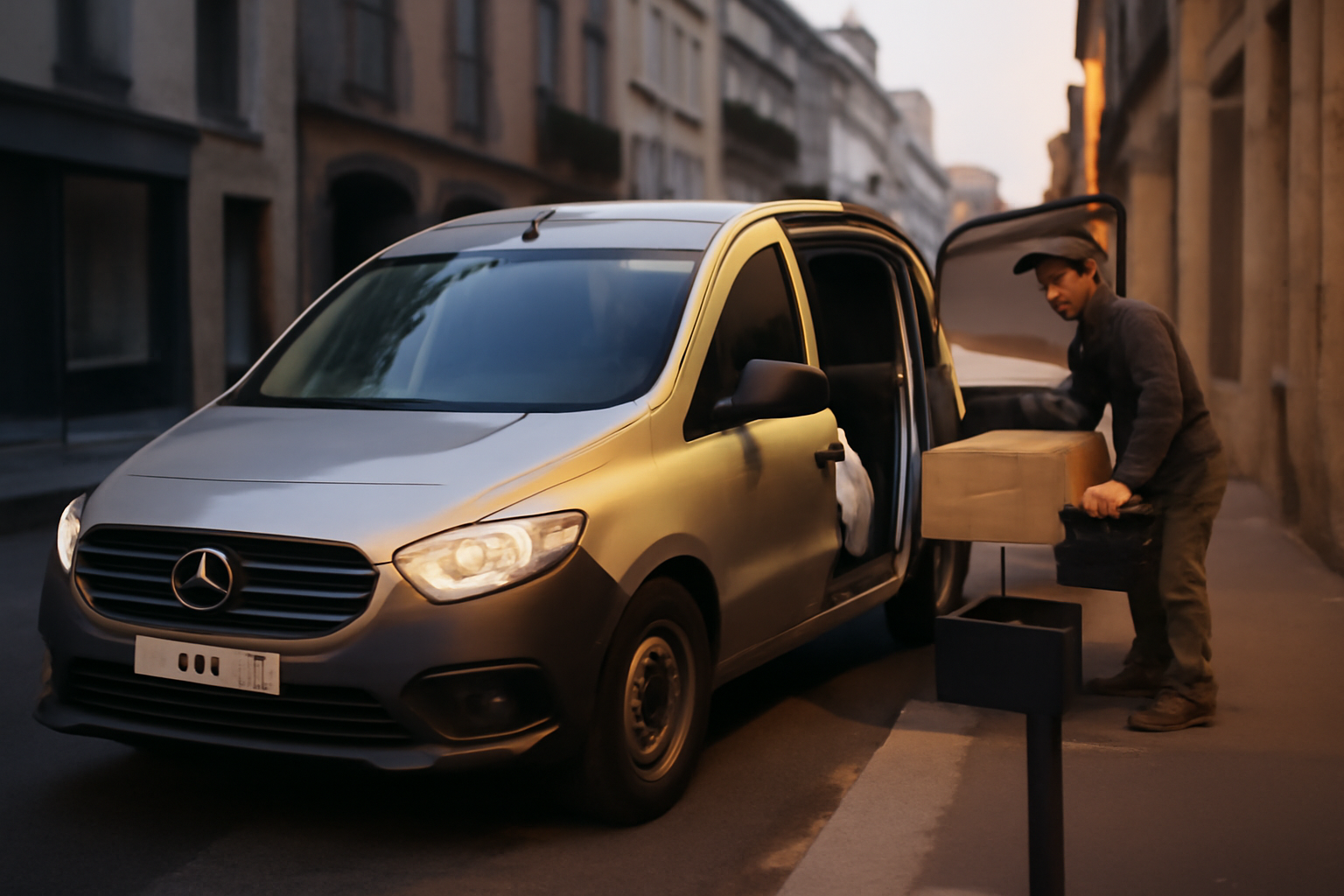 335 mb citan : photo réaliste d’un Mercedes-Benz Citan utilitaire garé en ville près d’un chargement