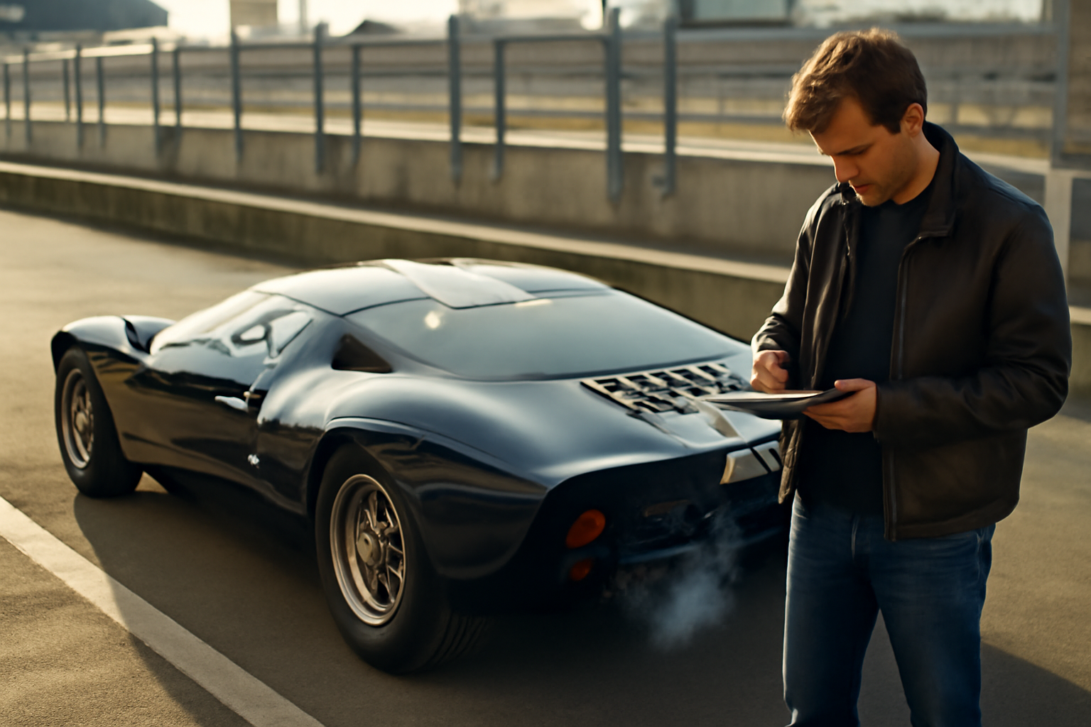 34 ford gt40 sur circuit en journée, carrosserie bleu nuit et détails racing, photo réaliste