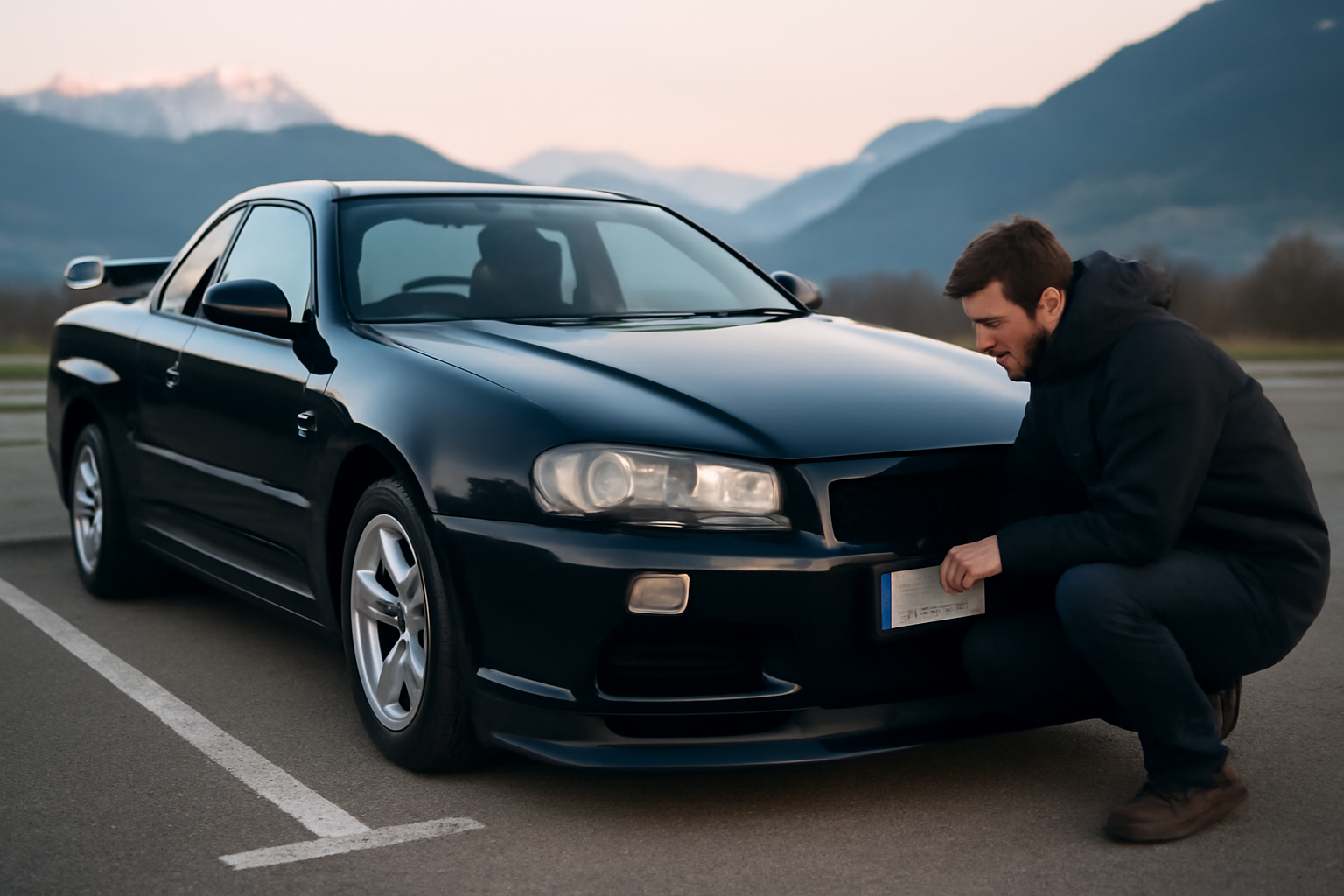 74 Nissan Skyline R34 noire garée sur parking en Haute-Savoie au lever du jour