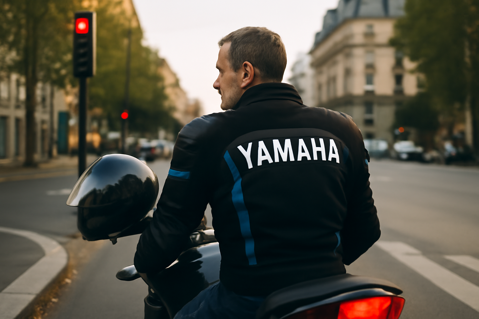 8 veste yamaha : motard en veste Yamaha officielle, protections visibles, lumière naturelle