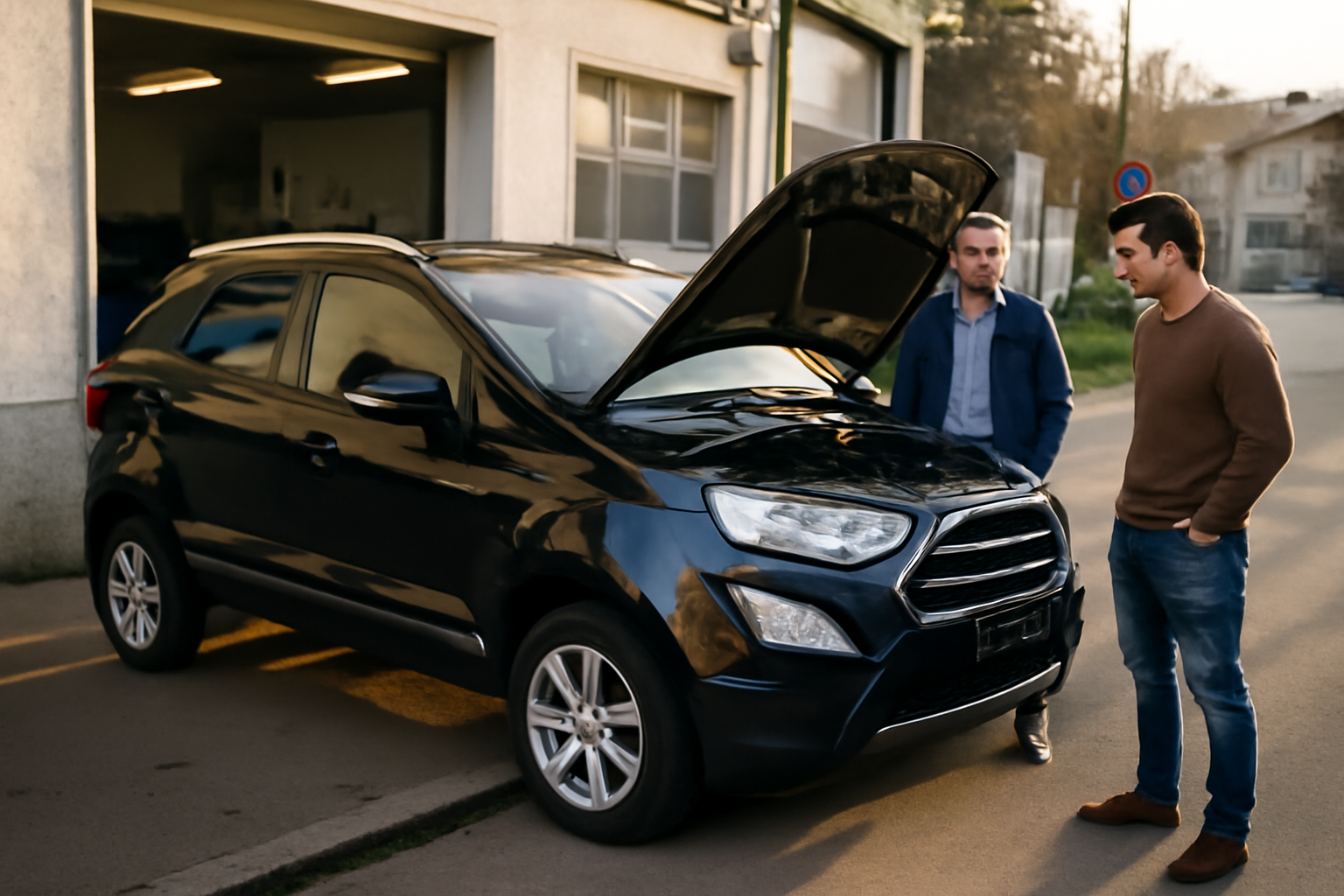 Ford EcoSport d’occasion dans les Vosges (88) devant un garage