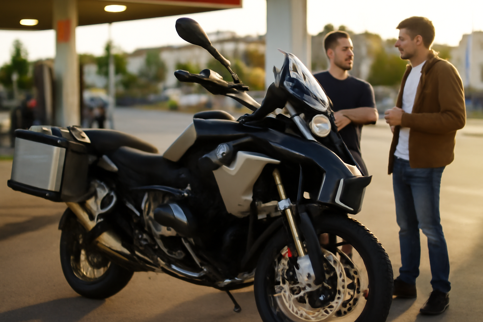 BMW R 1250 GS en extérieur, détail de la moto et de la bulle, lumière de fin d’après-midi