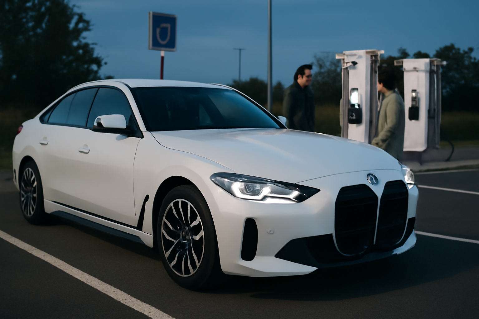 BMW i4 eDrive40 sur route française au crépuscule, panneau de recharge rapide en arrière-plan