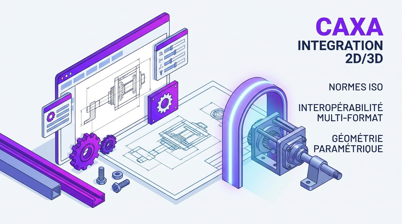 Interface du logiciel CAXA montrant l'intégration des fonctionnalités de conception 2D et 3D pour l'industrie