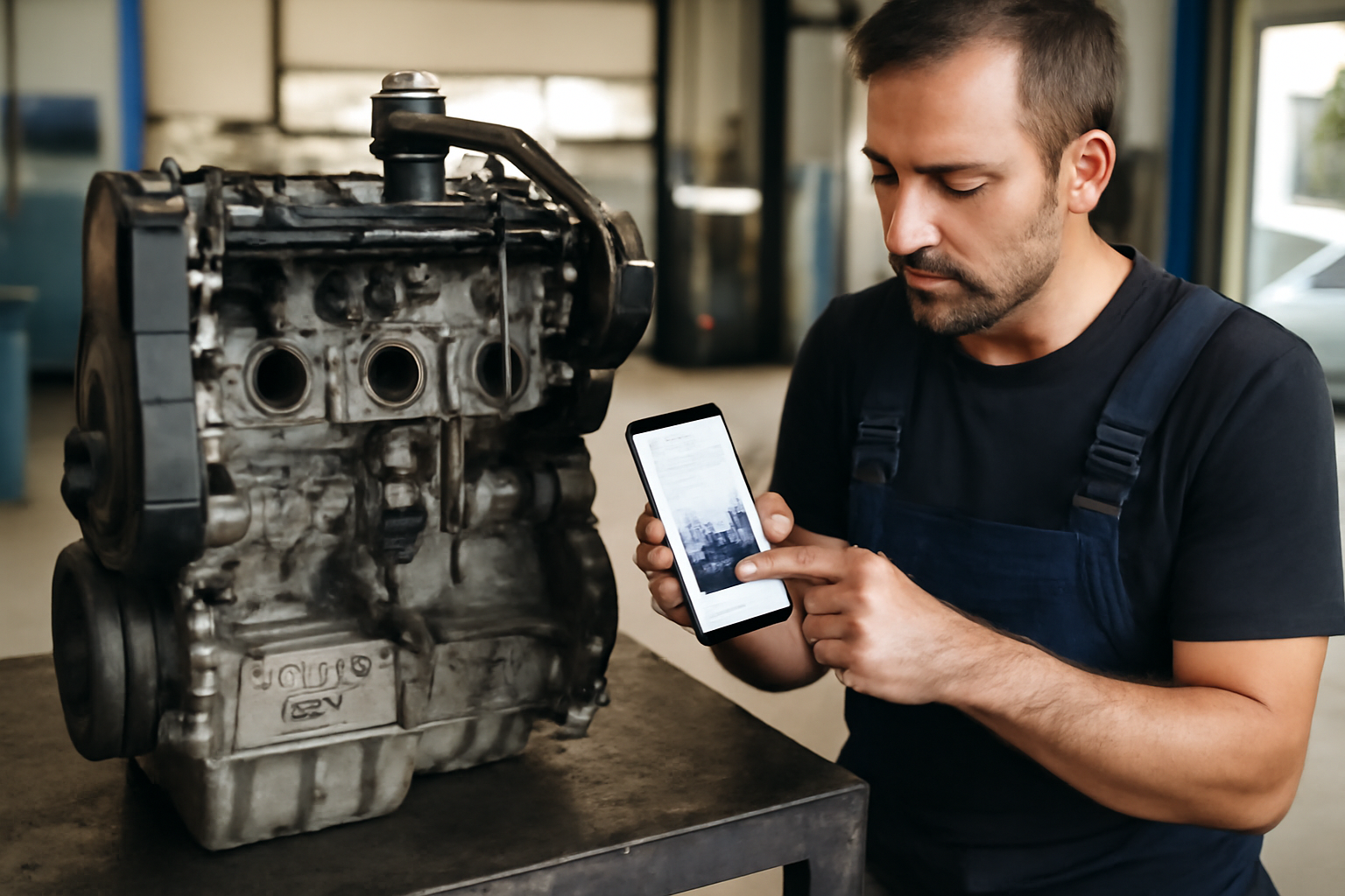 moteur bkc 1.9 TDI sur établi avec marquages et références