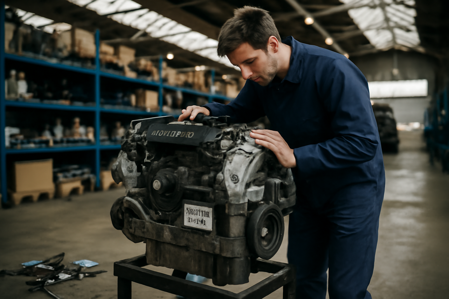 Moteur BMW n57d30a d’occasion sur établi, étiquette de référence visible