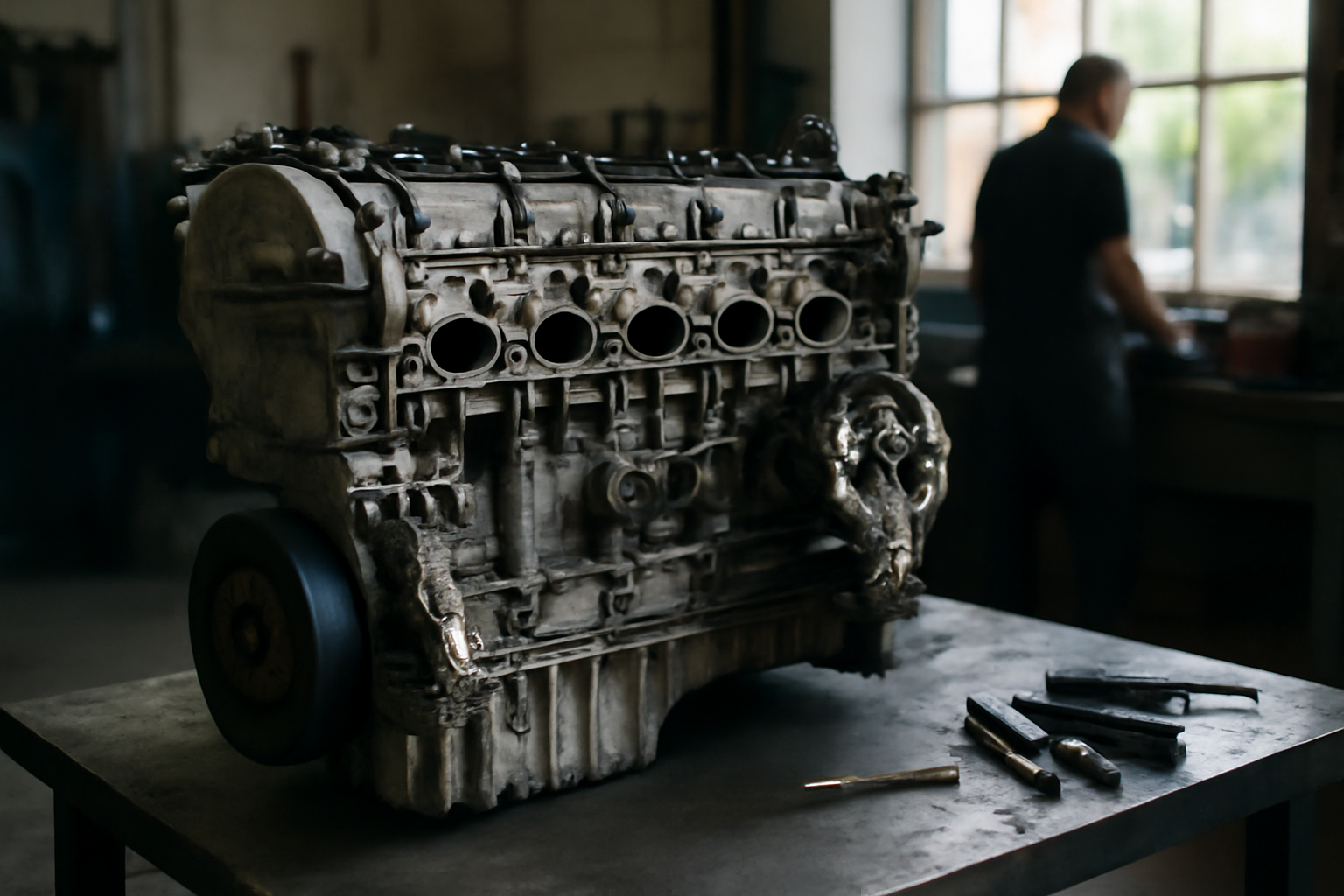 Moteur n57d30b BMW diesel 3,0 L en ligne sur établis, atelier automobile en France, lumière naturelle