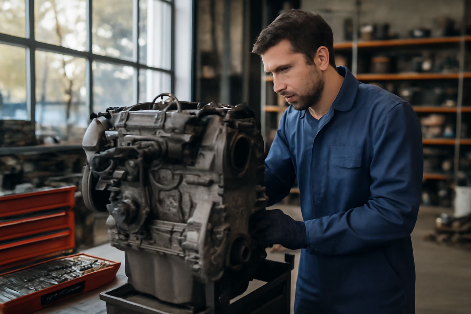 Moteur n57d30b d’occasion sur établi, étiquettes et numéros de référence visibles