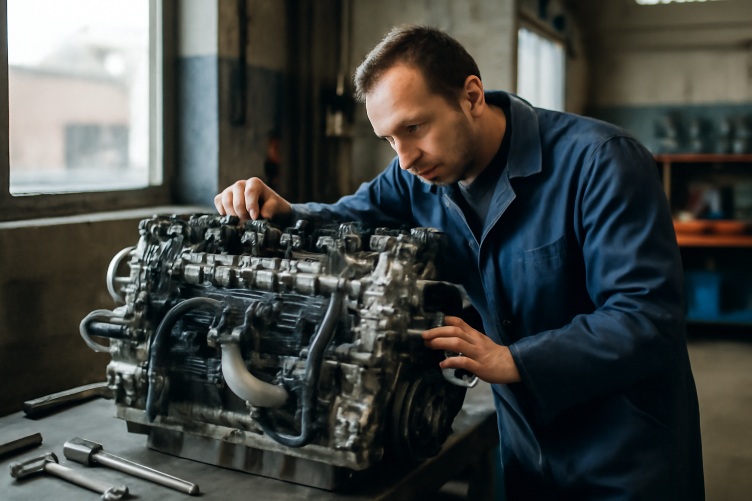 moteur yd25ddti sur établi, diagnostic et inspection des durites et du turbo, atelier automobile en lumière naturelle