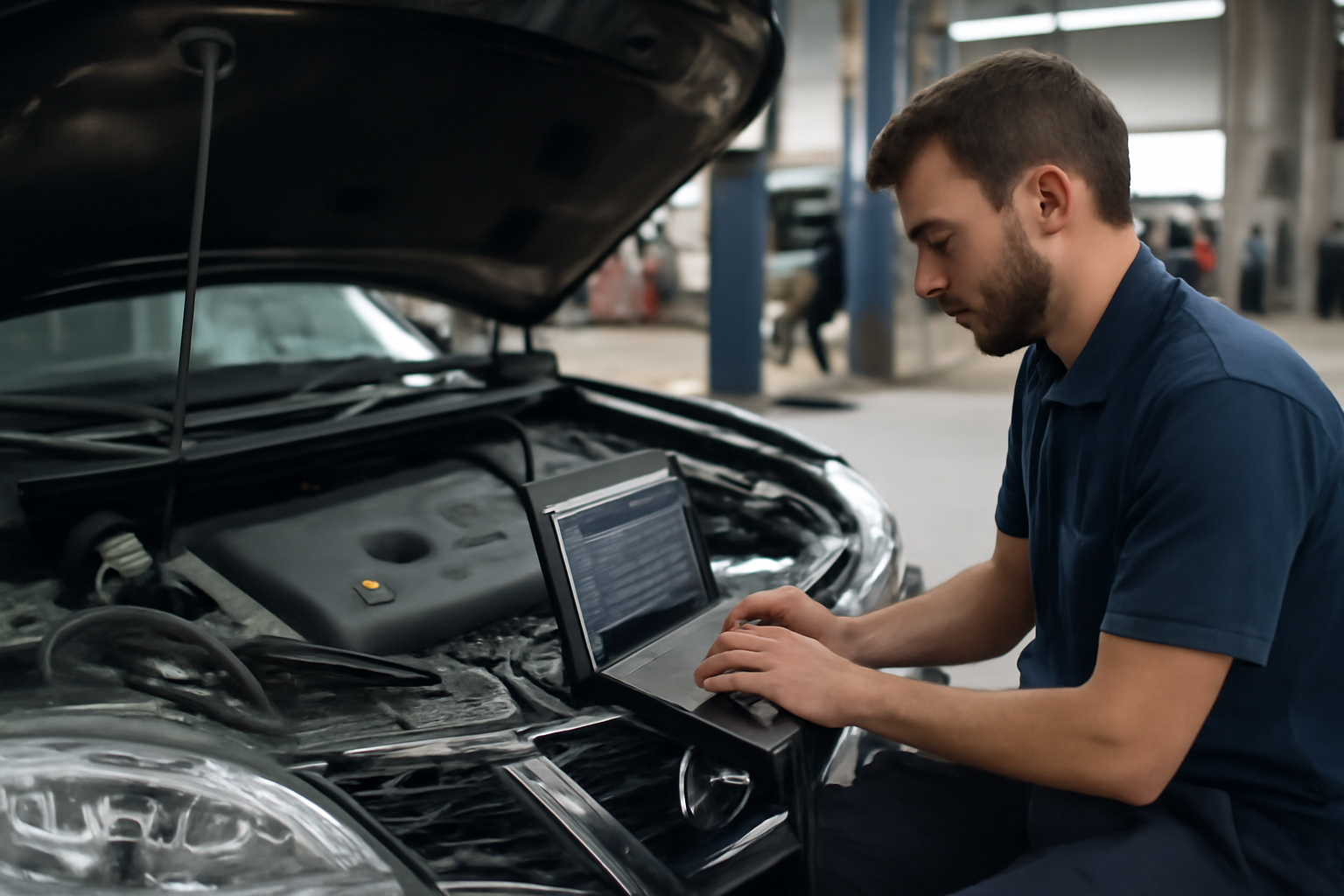 technicien avec valise de diagnostic OBD sur Nissan diesel YD25DDTi, lecture des codes défaut dans un atelier