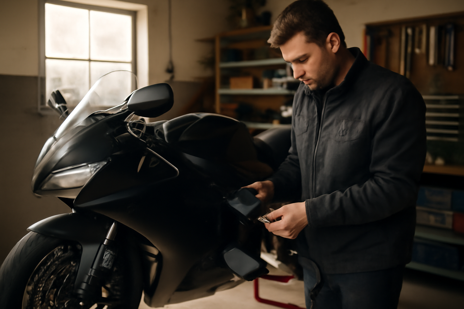 101 shifter shifter installé sur un guidon de moto sportive noire, atelier de garage avec lumière naturelle