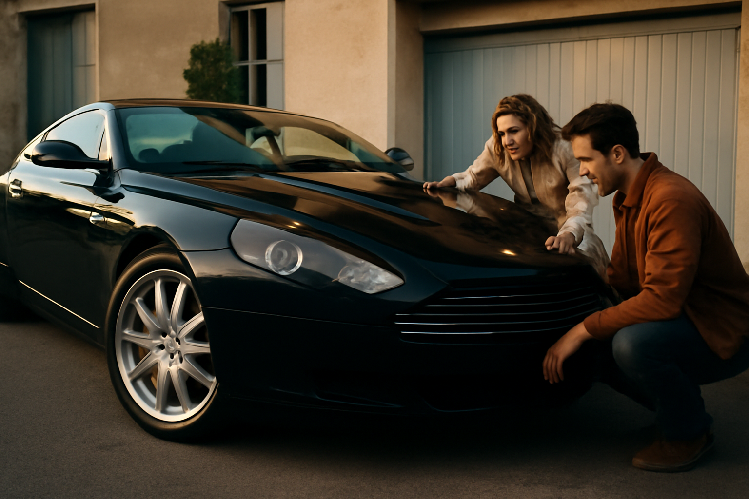 104 Aston Martin DB9 d’occasion à examiner en France, photo réaliste devant un garage