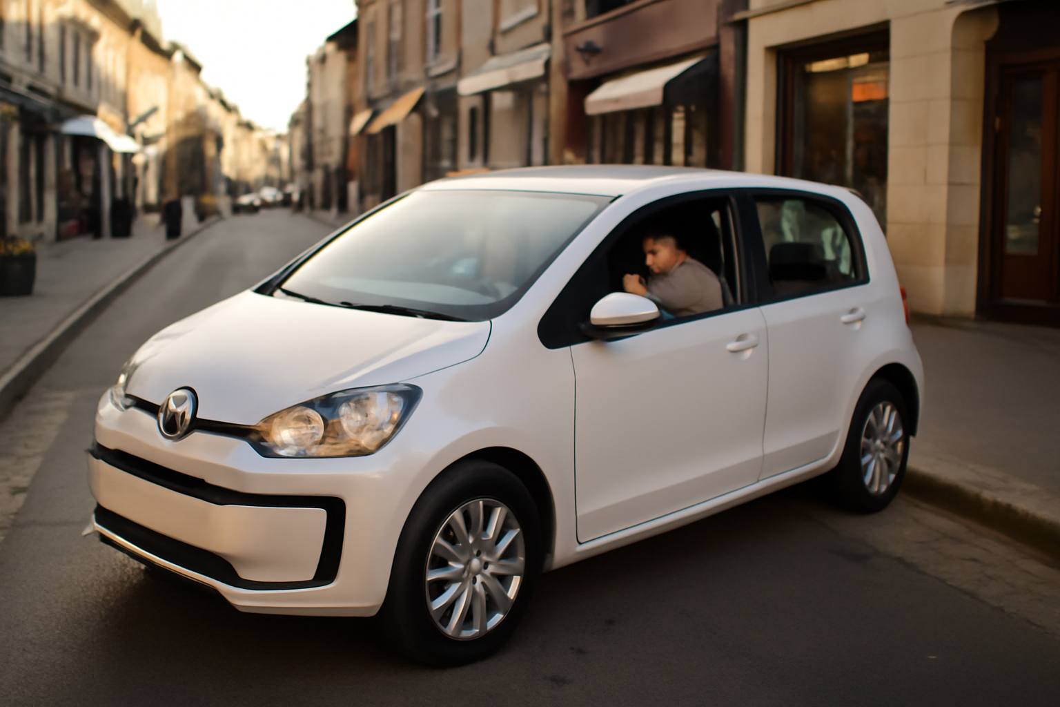 106 Volkswagen Up en ville, stationnement et tableau de bord visibles