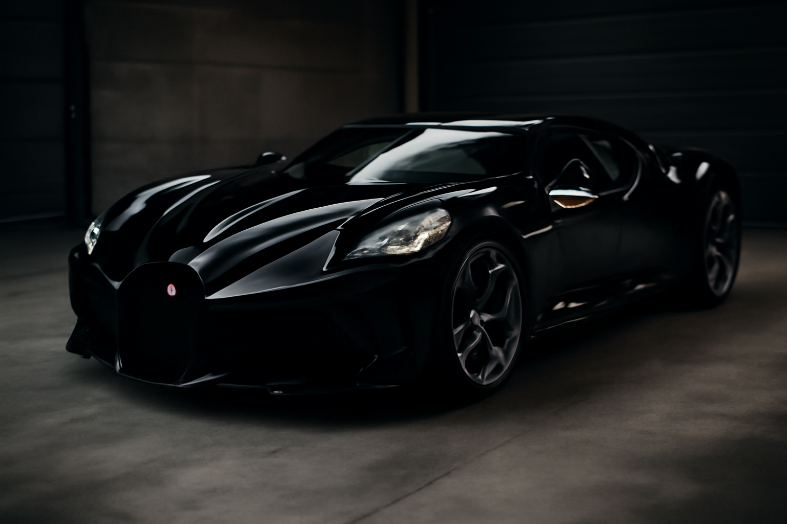 116 bugatti la voiture noire, hypercar noire sur fond sombre, détails aérodynamiques