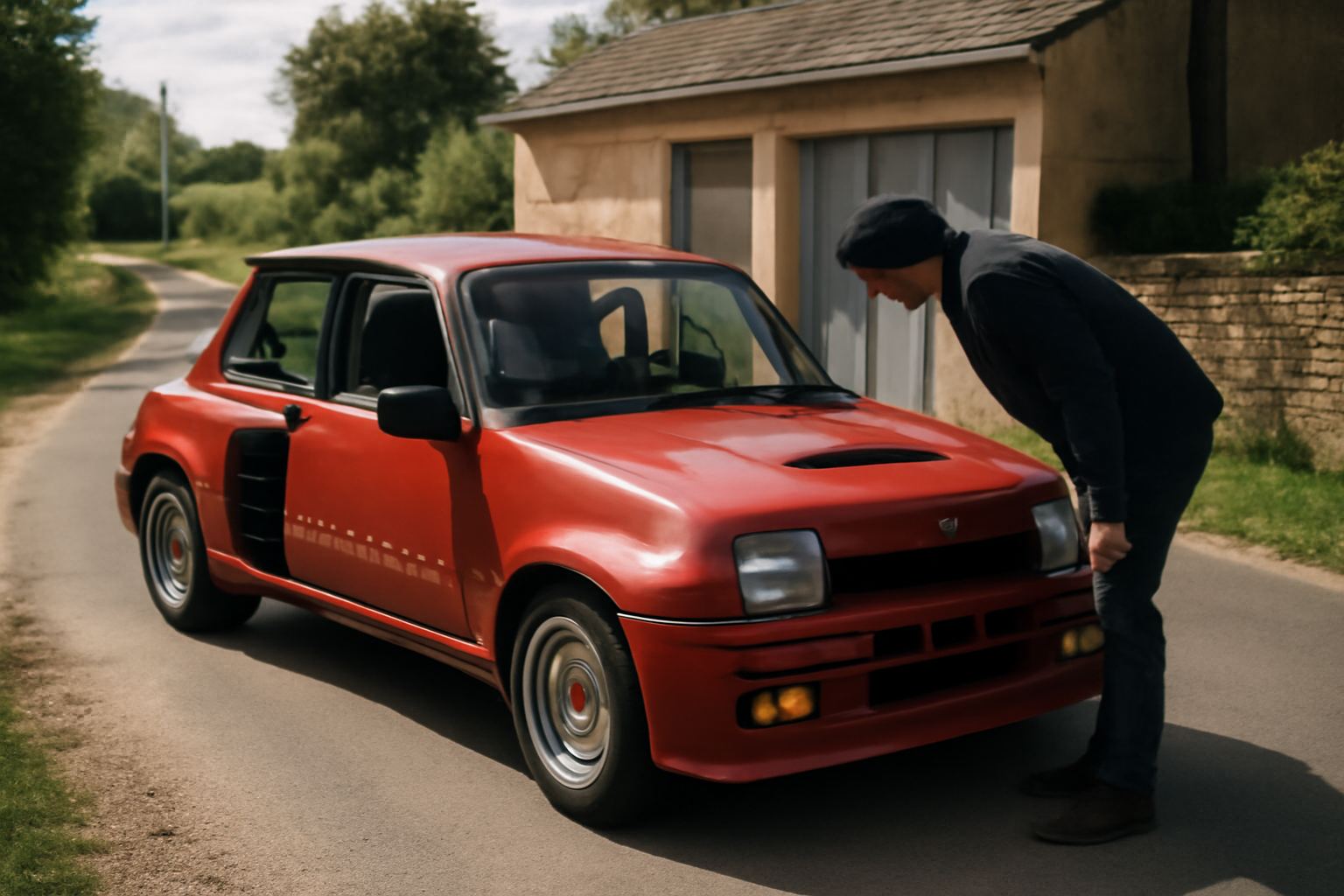 Renault 5 Turbo 2 vue avant sur route de campagne, détail du capot et marquages, lumière naturelle