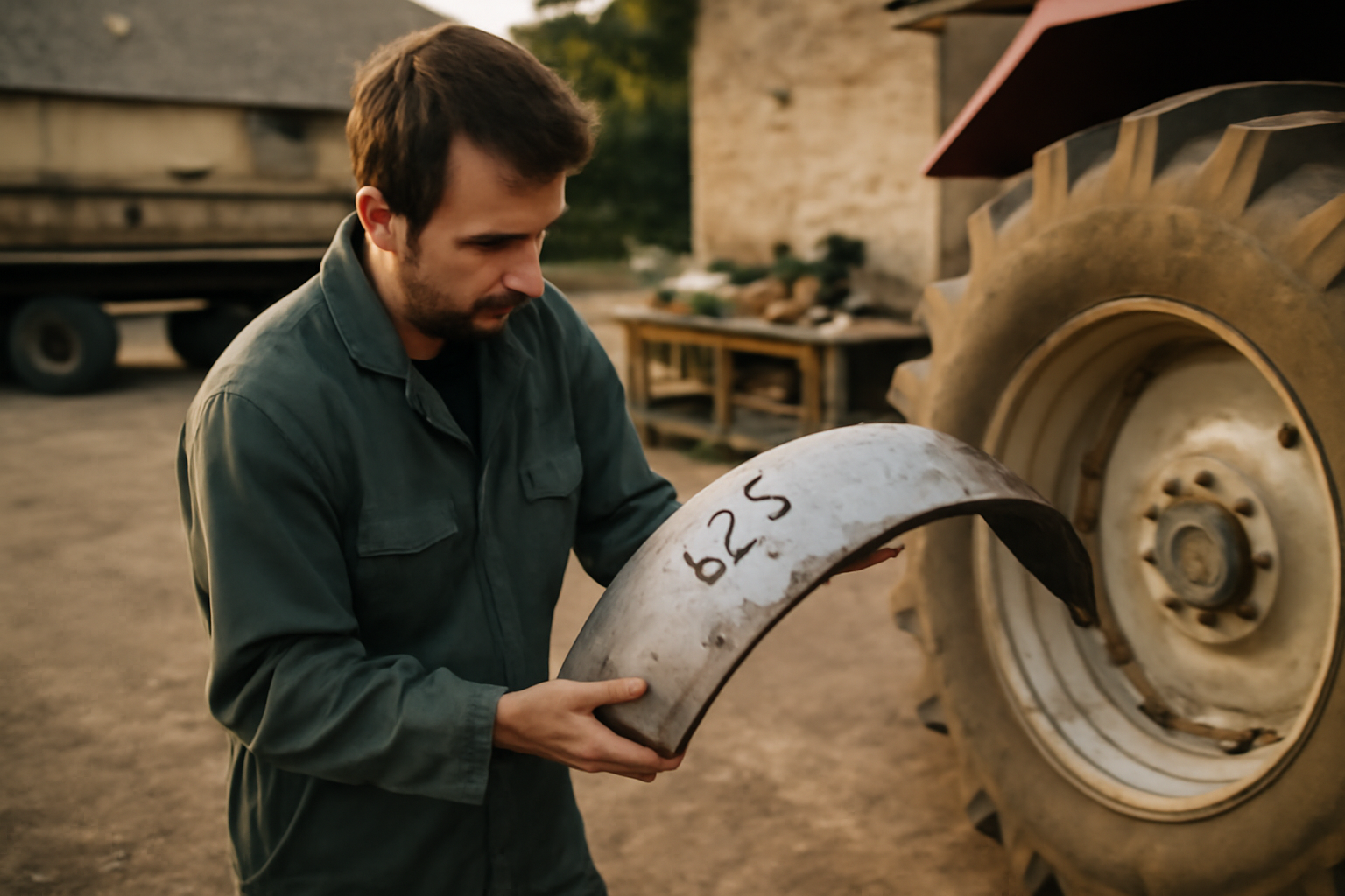 137 garde boue Erdé/Daxara posé sur une roue de tracteur, fixation par entraxe visible