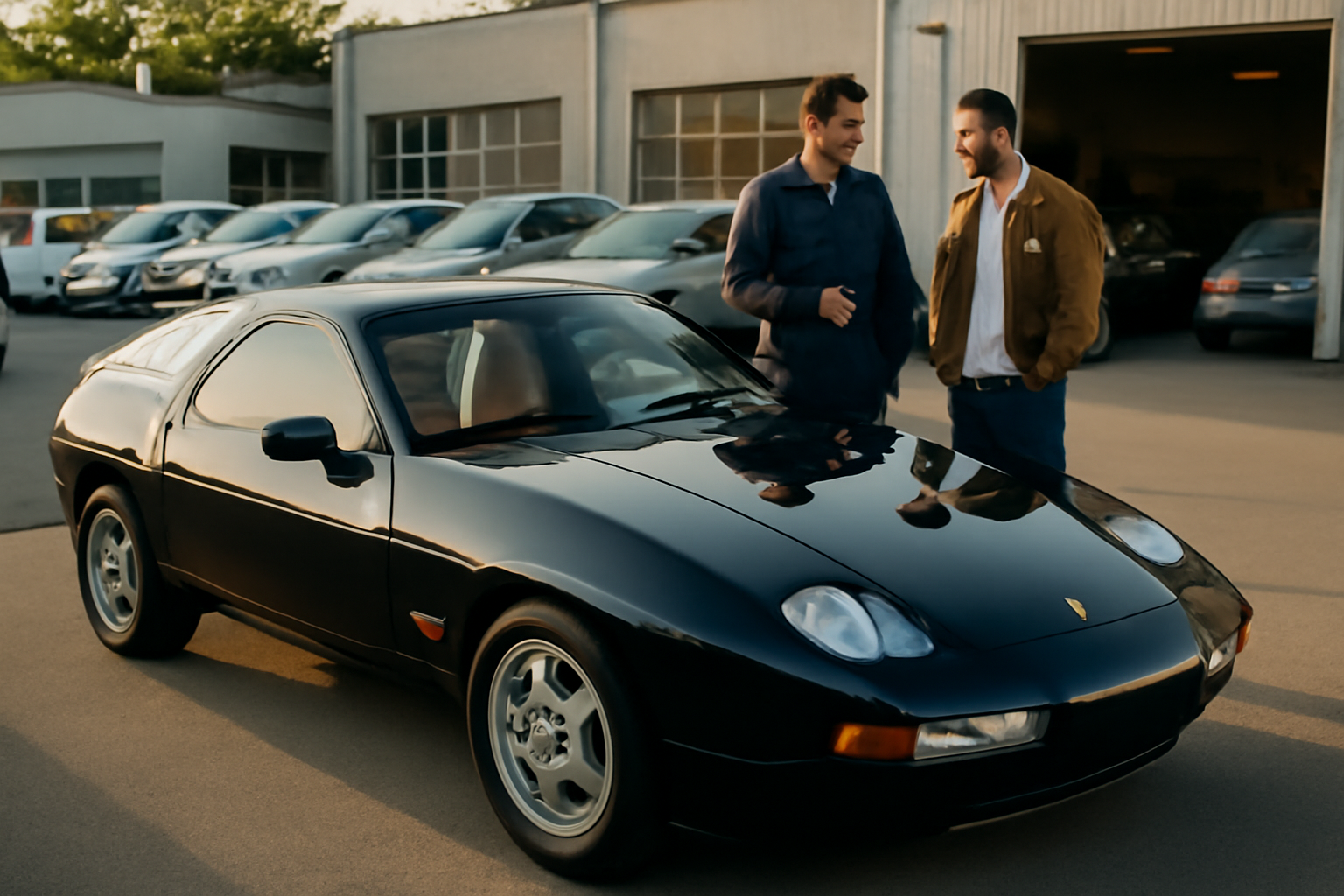 Porsche 928 auto d’occasion en boîte automatique, devant un garage en France