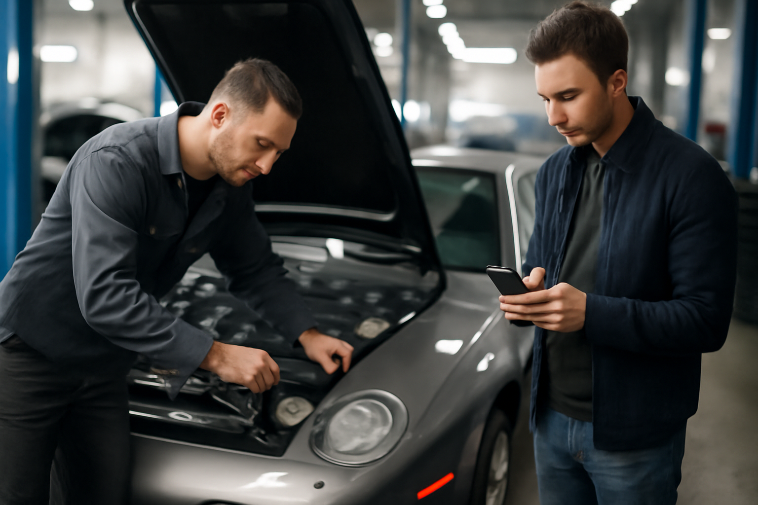 Inspection d’une Porsche 928 auto d’occasion sous le capot, vérification des fluides et câblages