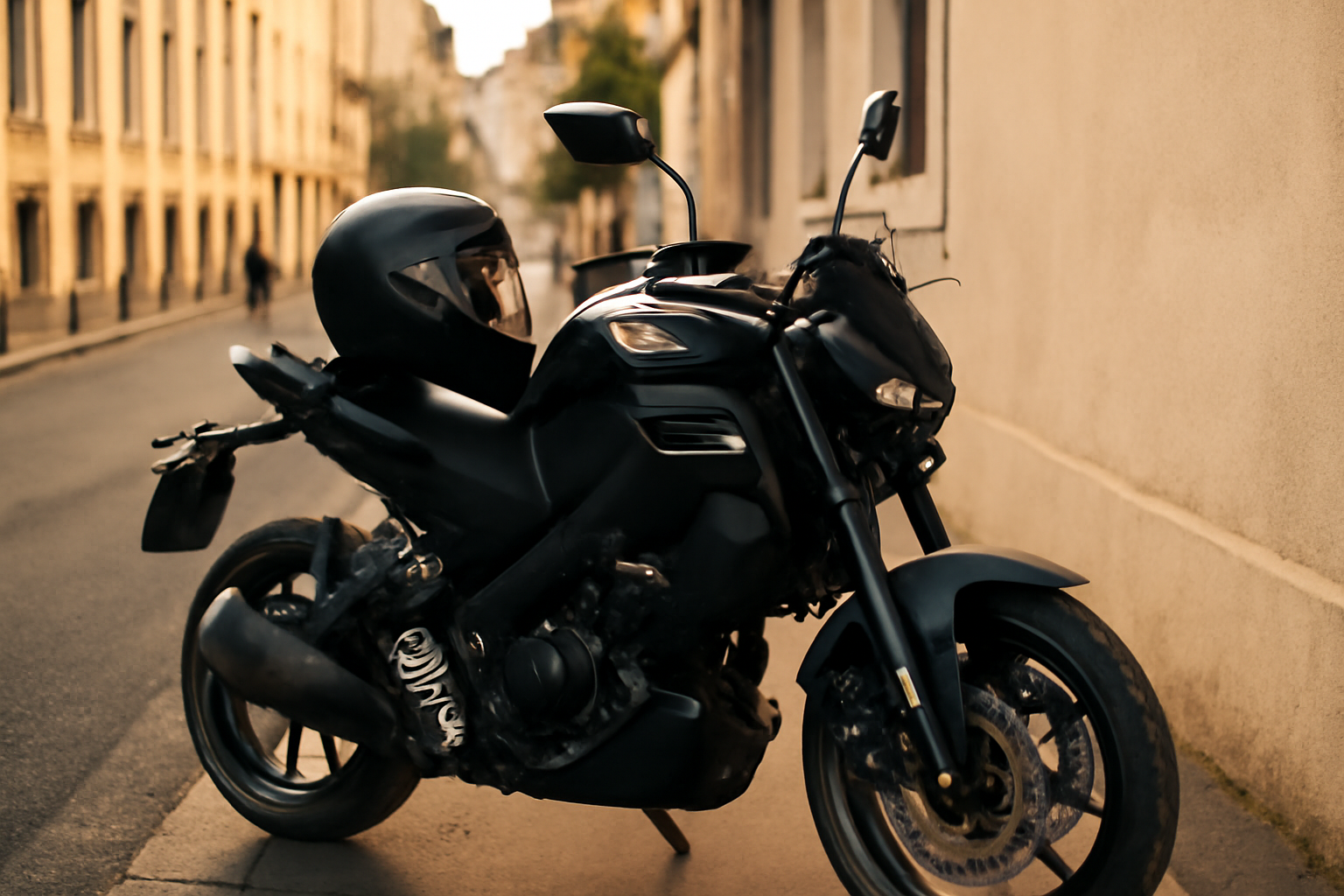 156 Yamaha MT 125 noire garée en ville, lumière de fin d’après-midi, vue trois-quarts sur le guidon et le tableau de bord