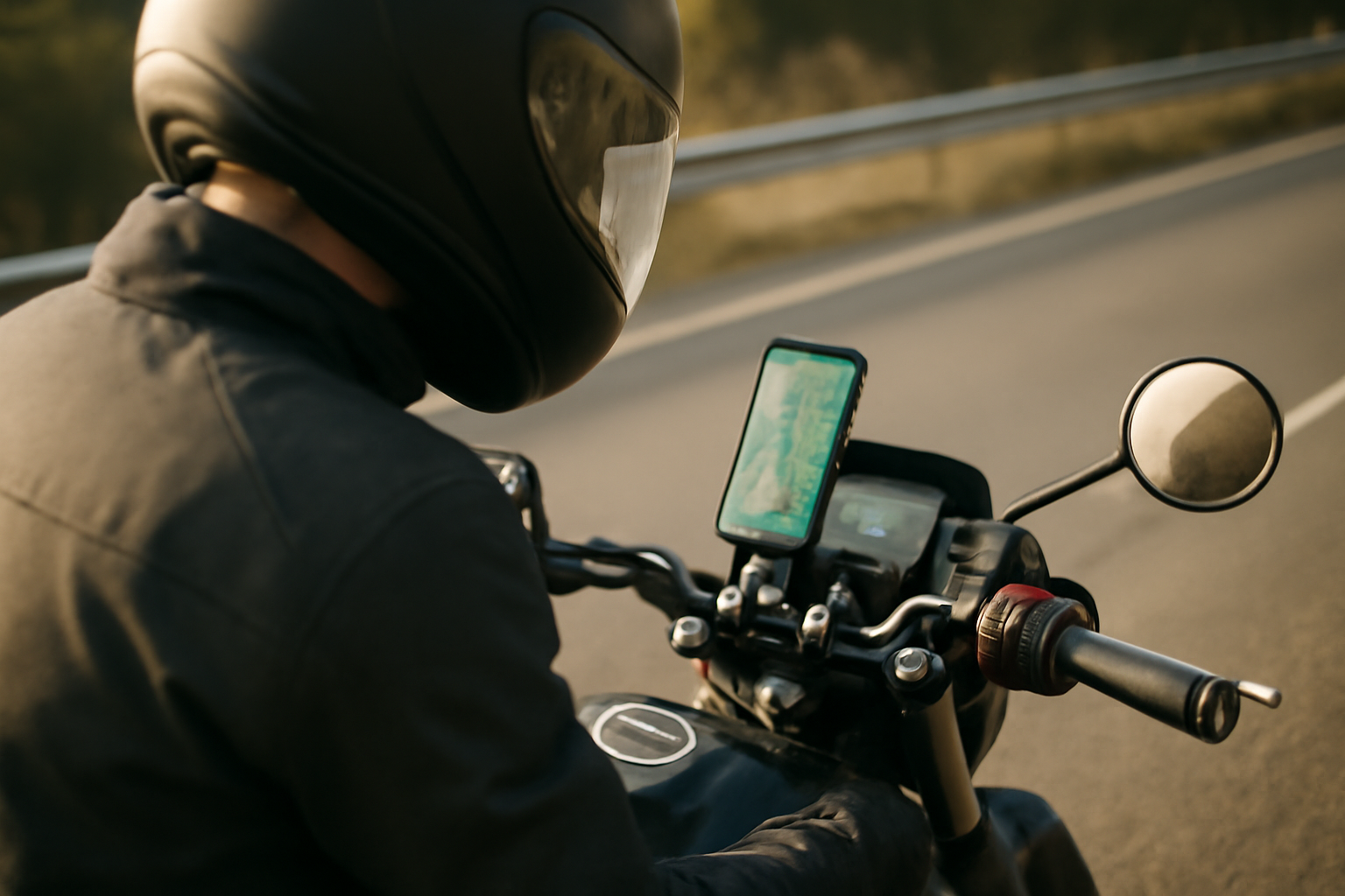 16 support telephone moto sur guidon de moto avec smartphone en navigation, scène photo réaliste