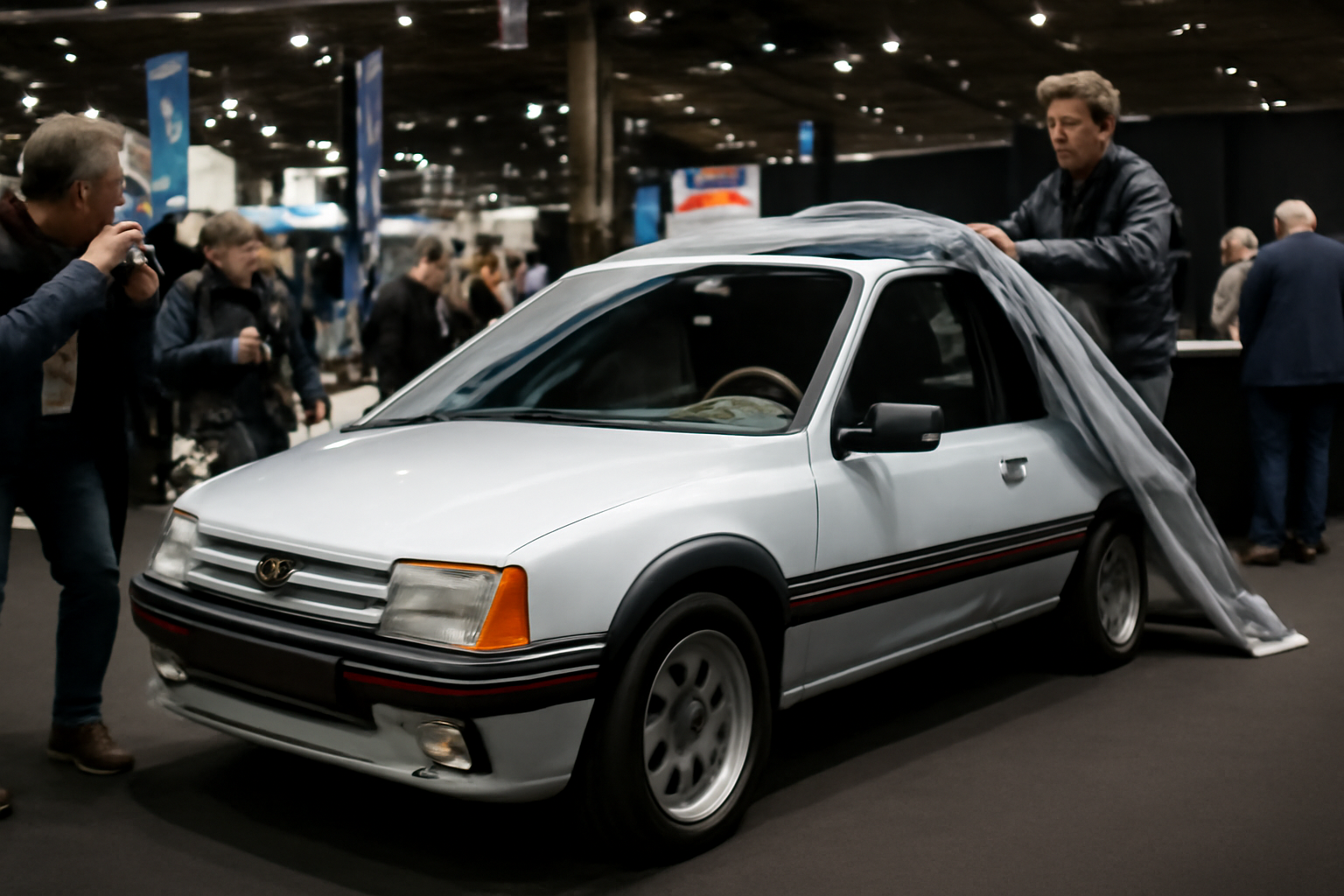 Salon automobile en France avec véhicule compact sportive inspirée de la 205 GTI, équipe technique et journalistes