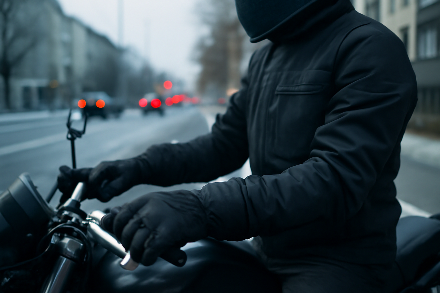 178 gants chauffants moto sur les mains d’un motard en hiver, doigts et paume éclairés par la chauffe