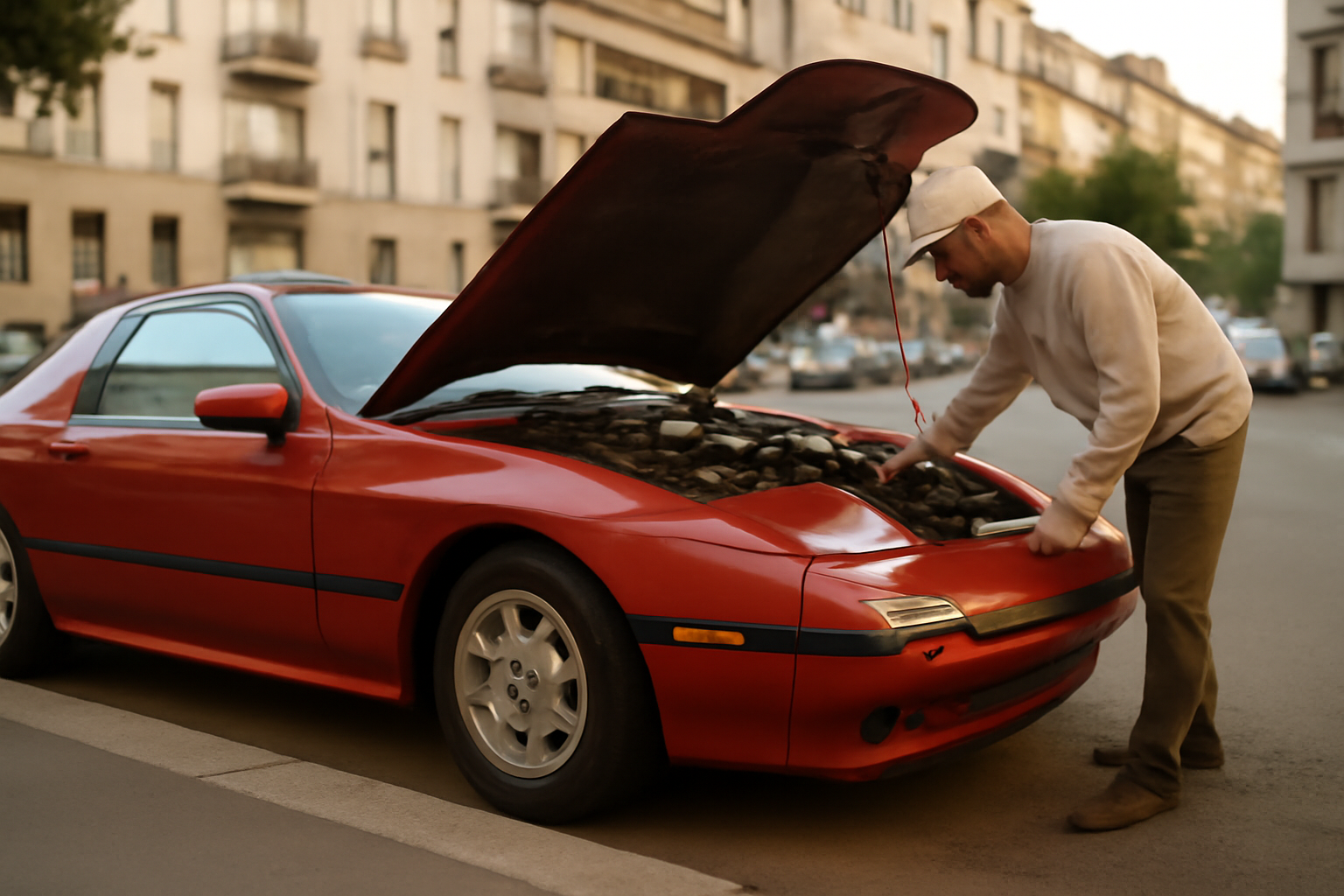 Mazda RX-7 FC « 181 rx7 » au premier plan, moteur rotatif et carrosserie coupé, scène photo réaliste