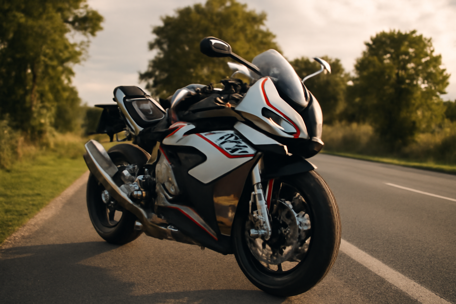 BMW S1000RR garée sur une route française, vue trois-quarts avant