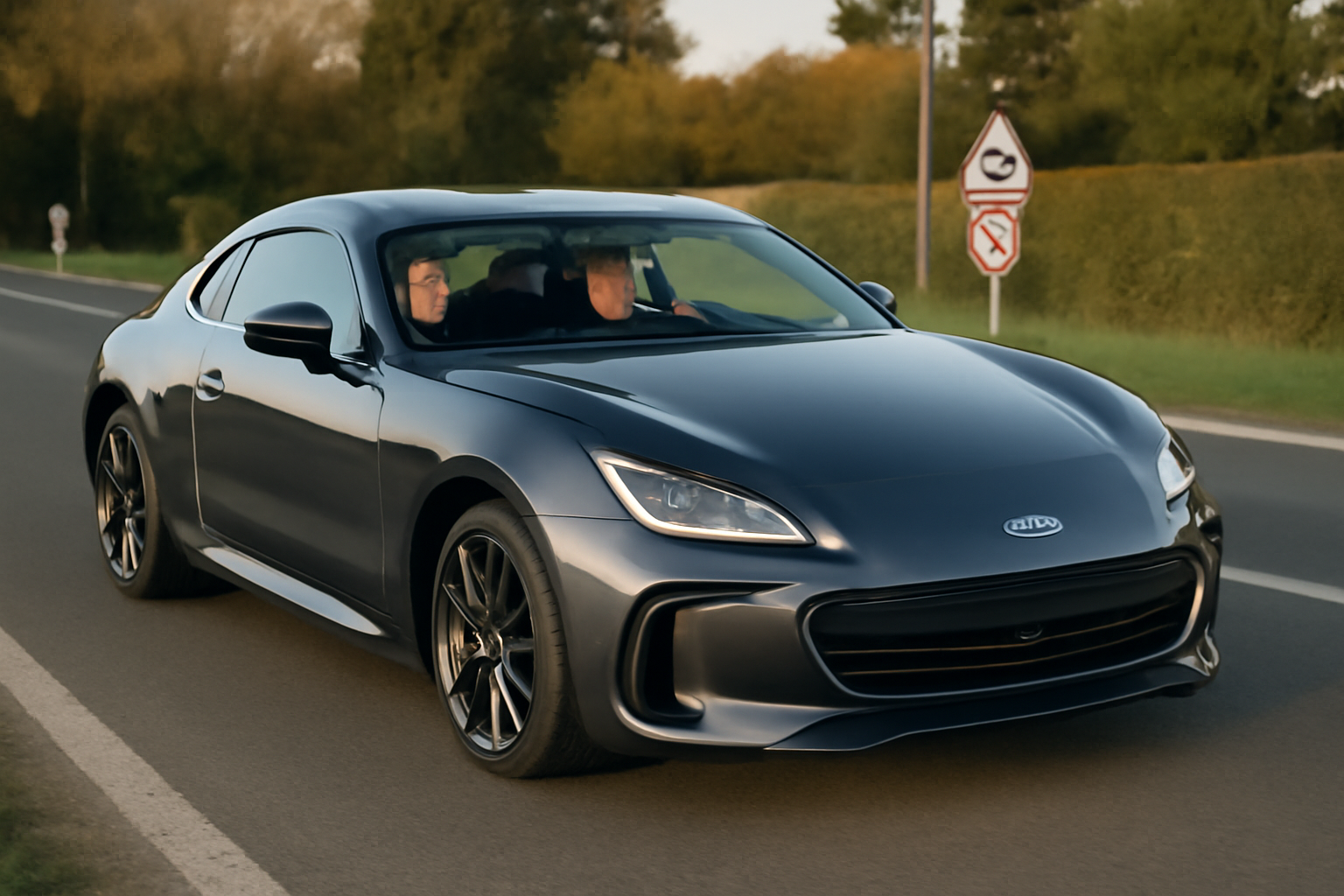201 BRZ coupe sur route départementale en France, essai de tenue de route avec conducteur au volant