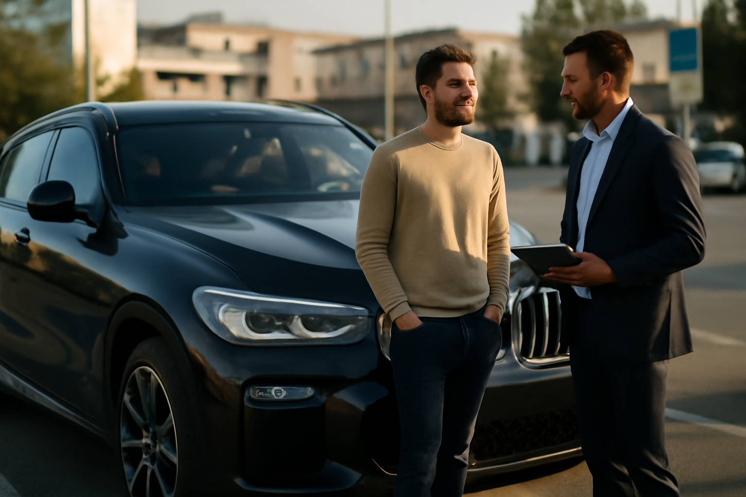 204 BMW crossover x6 garée au soleil devant un concessionnaire, acheteur et vendeur discutant, lumière naturelle