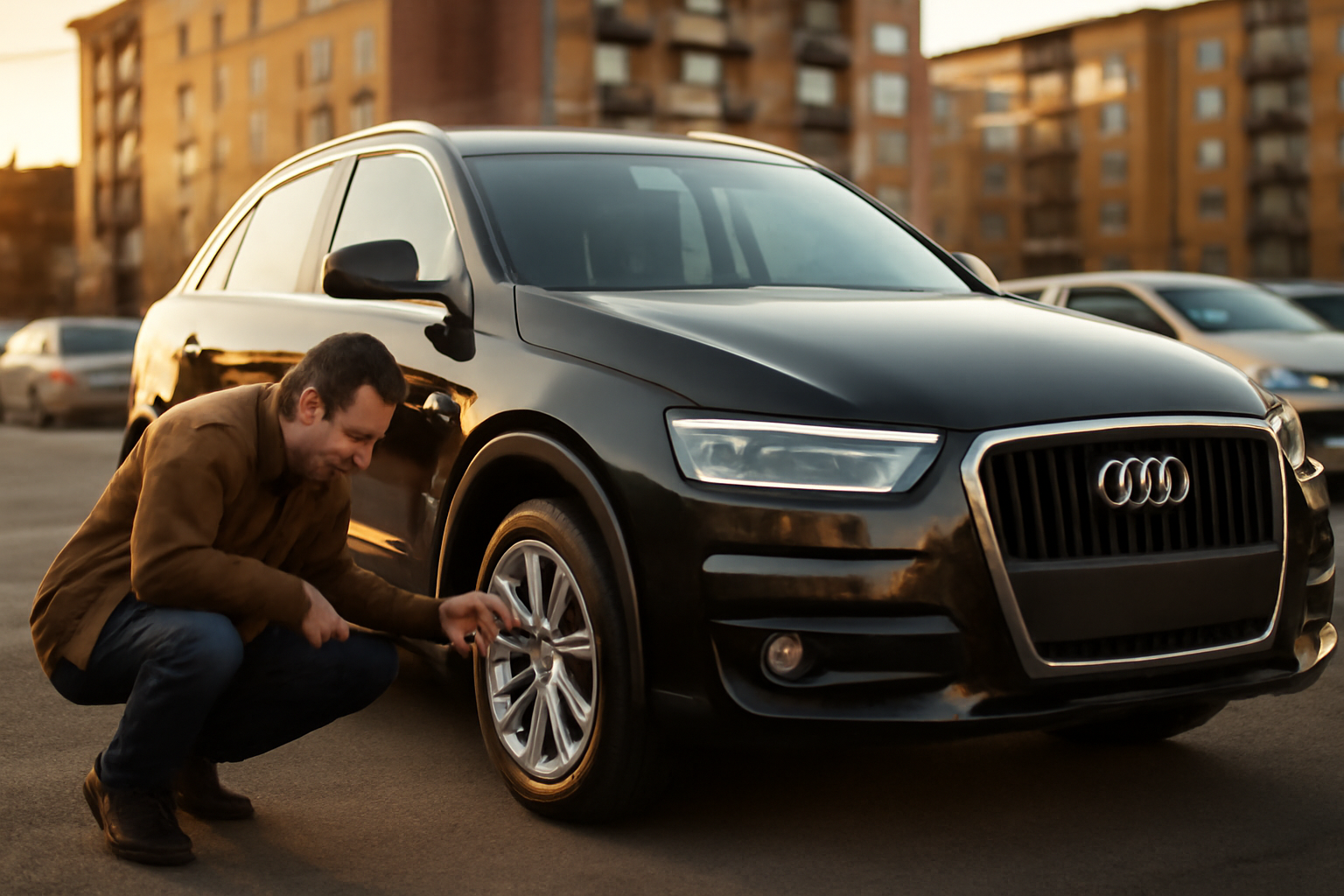 Audi Q3 d’occasion autour de 213 euros : vue de face sur parking urbain