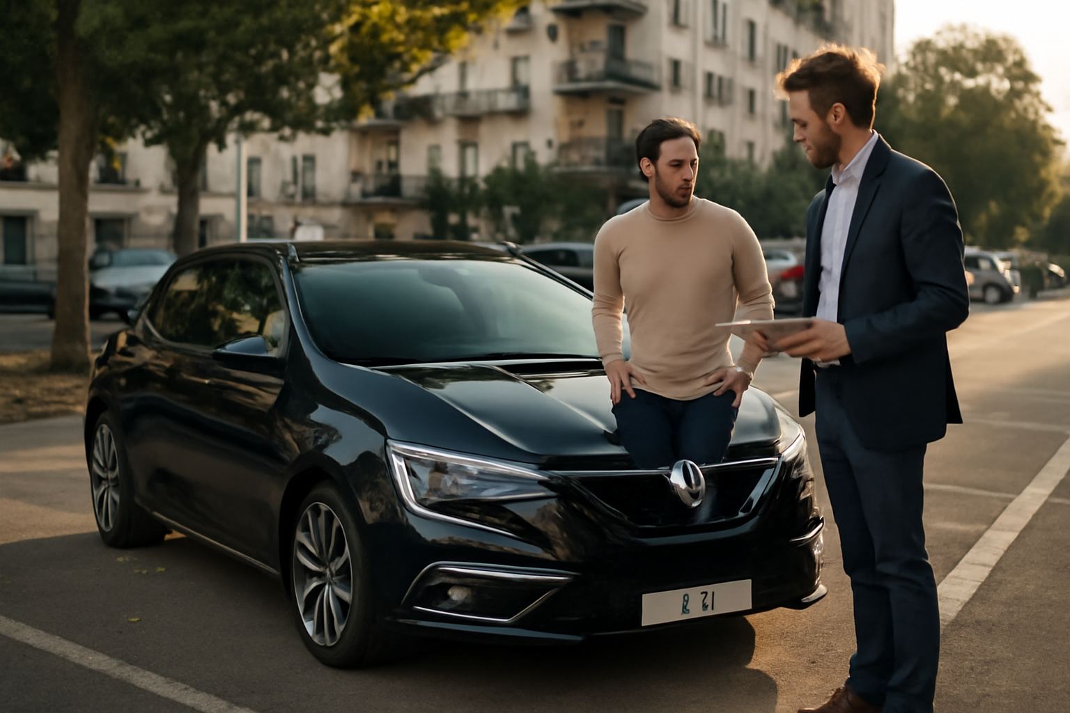 223 megane 4 gt : vue réaliste d’une Renault Mégane IV GT garée en ville, badge GT visible, lumière de fin d’après-midi