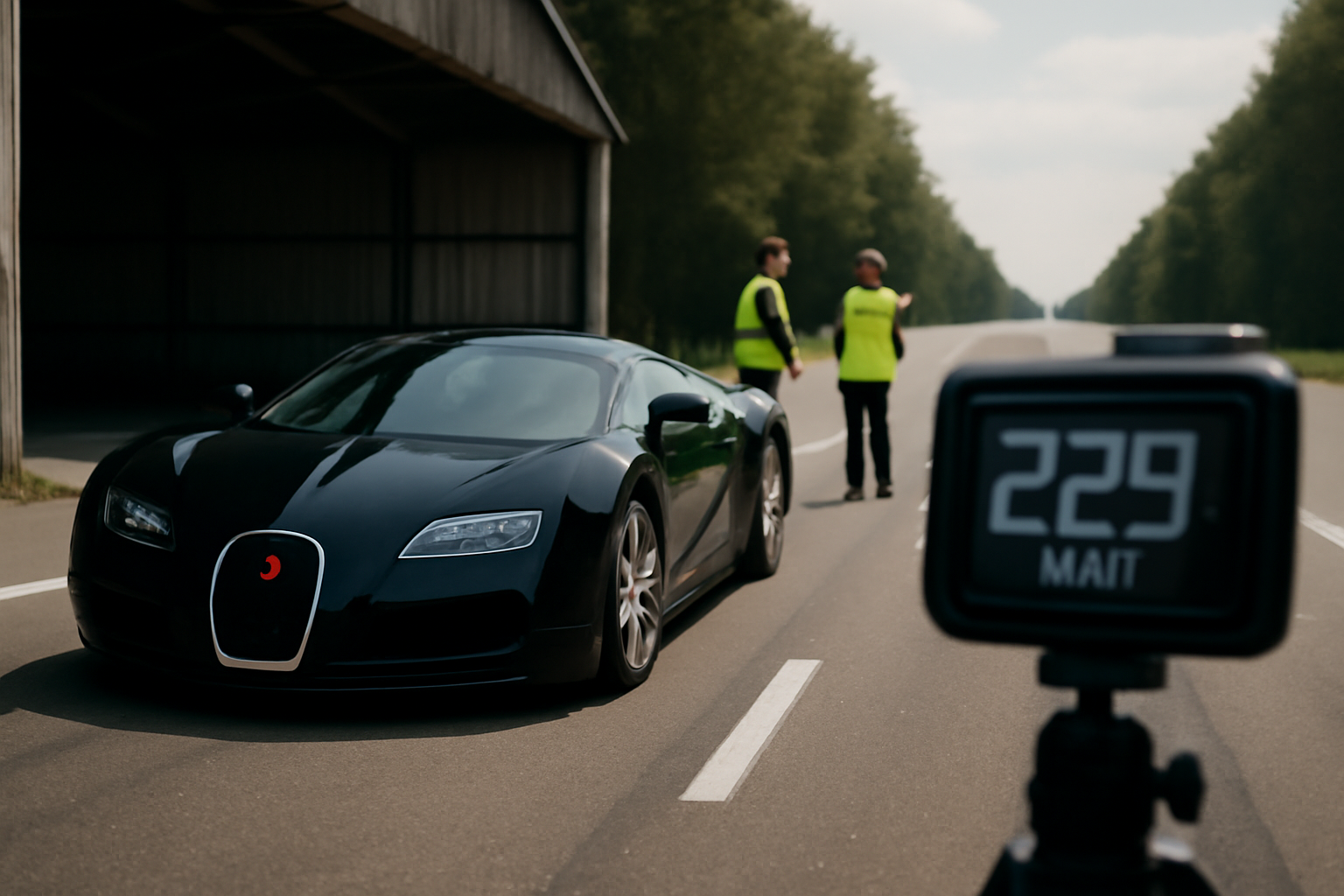Bugatti Veyron avec mention 229 mph sur un écran de vitesse lors d’un run