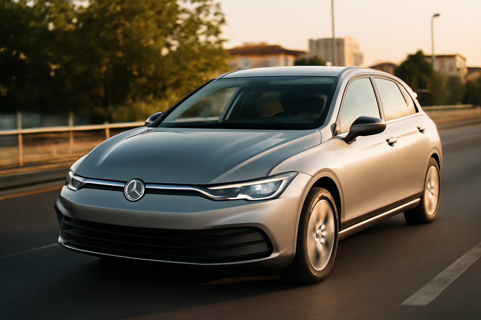 230 golf 9 : vue réaliste d’une Volkswagen Golf 9 électrique au bord d’une route française, lumière de fin d’après-midi