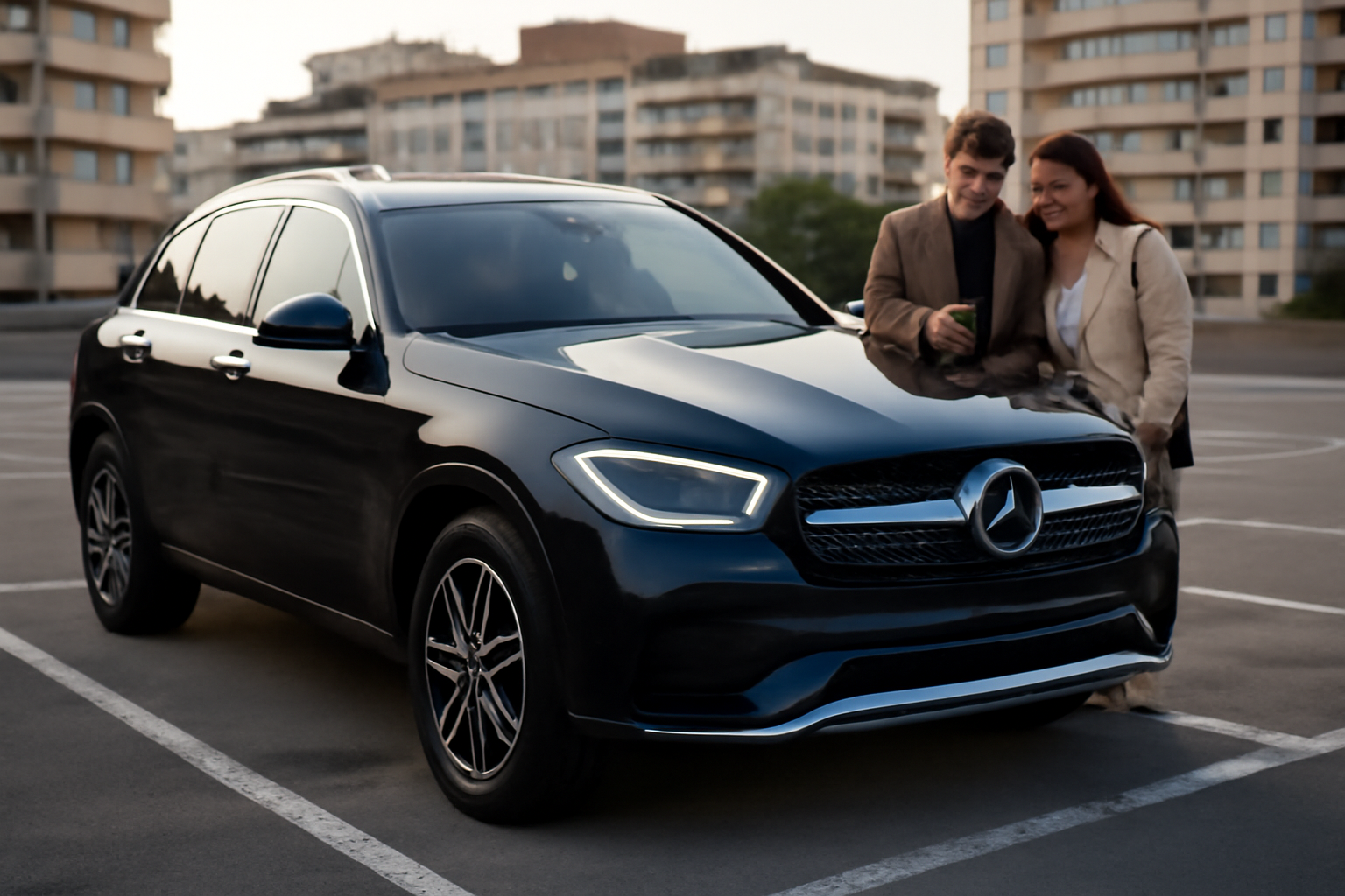 238 mb glc suv : vue réaliste d’un Mercedes GLC SUV sur parking urbain, badge et calandre visibles, lumière de jour