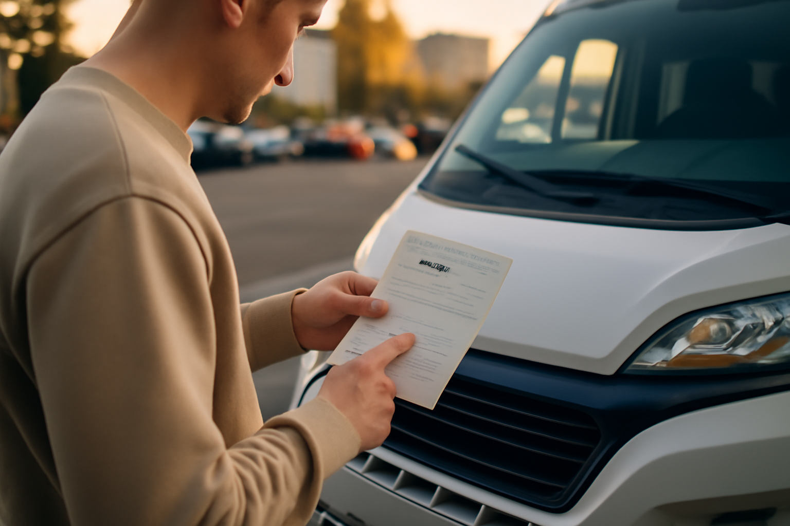 Carte grise avec mention VASP et repère 248, véhicule aménagé garé en ville