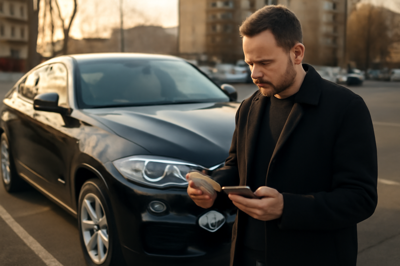 276 BMW Sedan X6 sur un parking urbain, photo réaliste, acheteur examinant l’annonce avec VIN