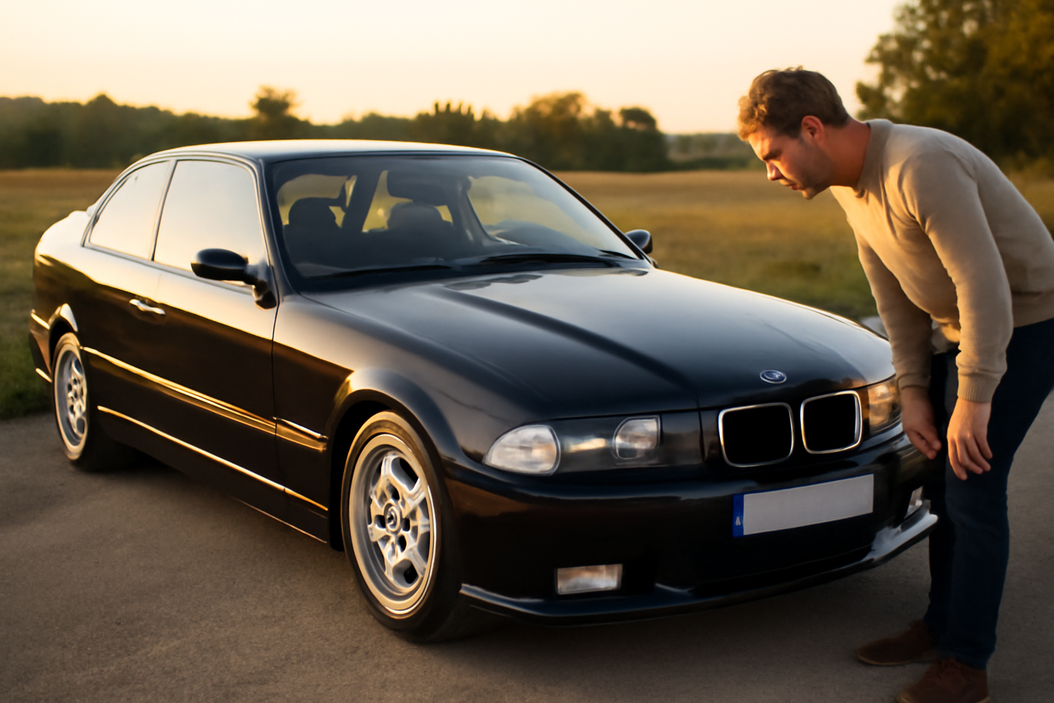 286 bmw m3 car : BMW M3 E36 3.0i 286 ch noire sur route de campagne au coucher du soleil