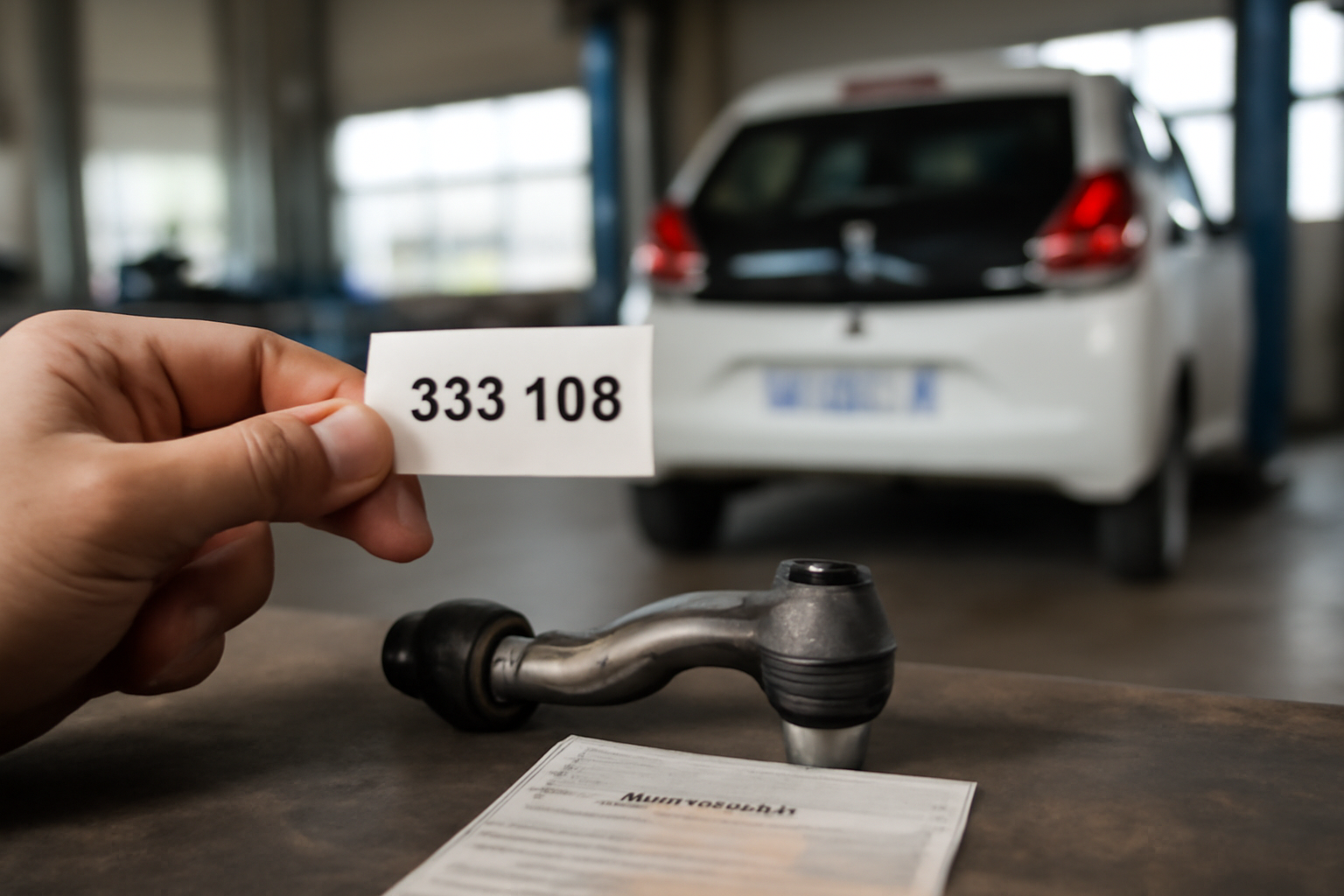 333 108 peugeot : étiquette de référence sur une pièce de rechange et VIN sur la carte grise