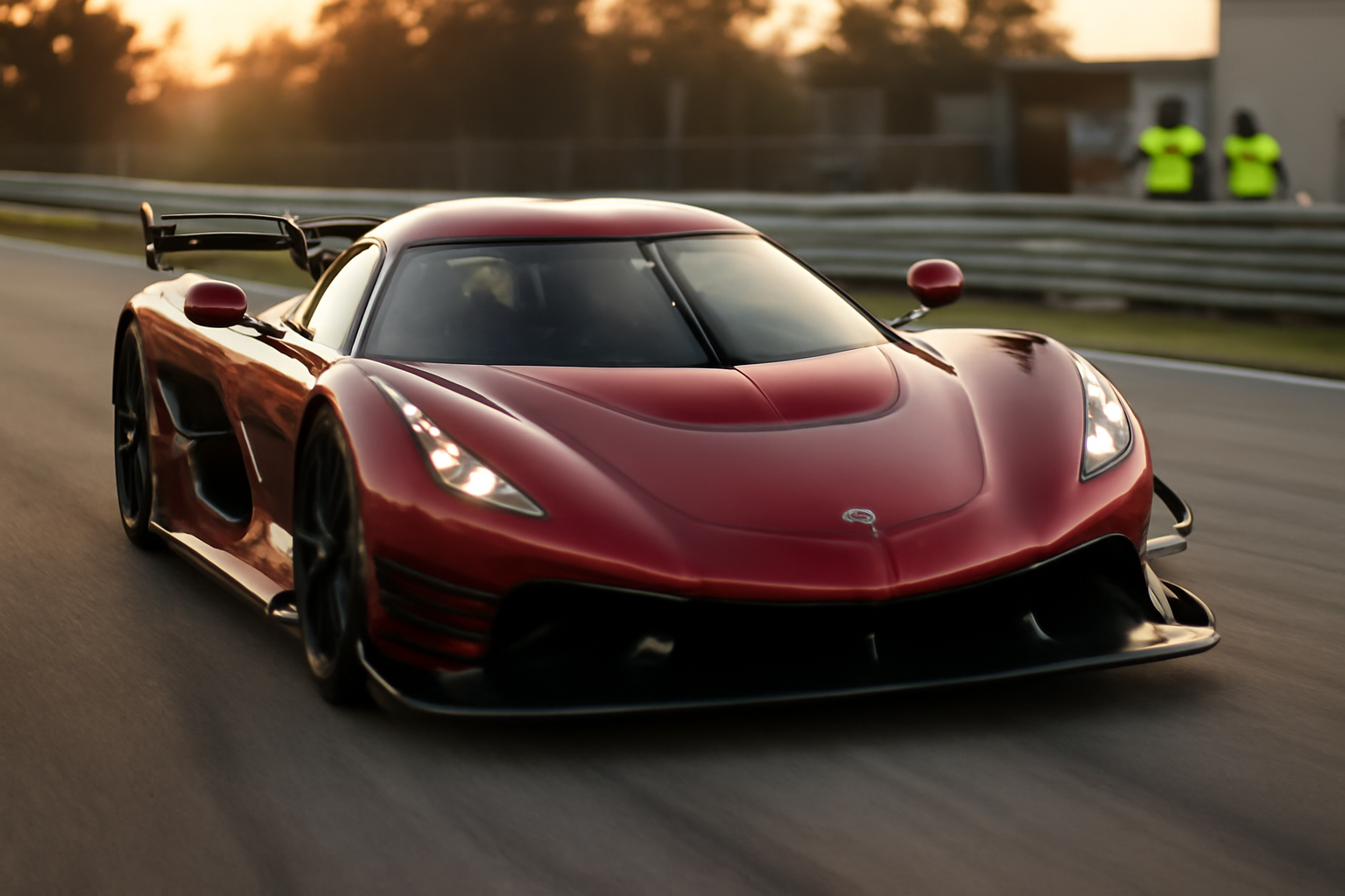 39 koenigsegg jesko sur piste au coucher du soleil, hypercar suédoise rouge et détails aérodynamiques