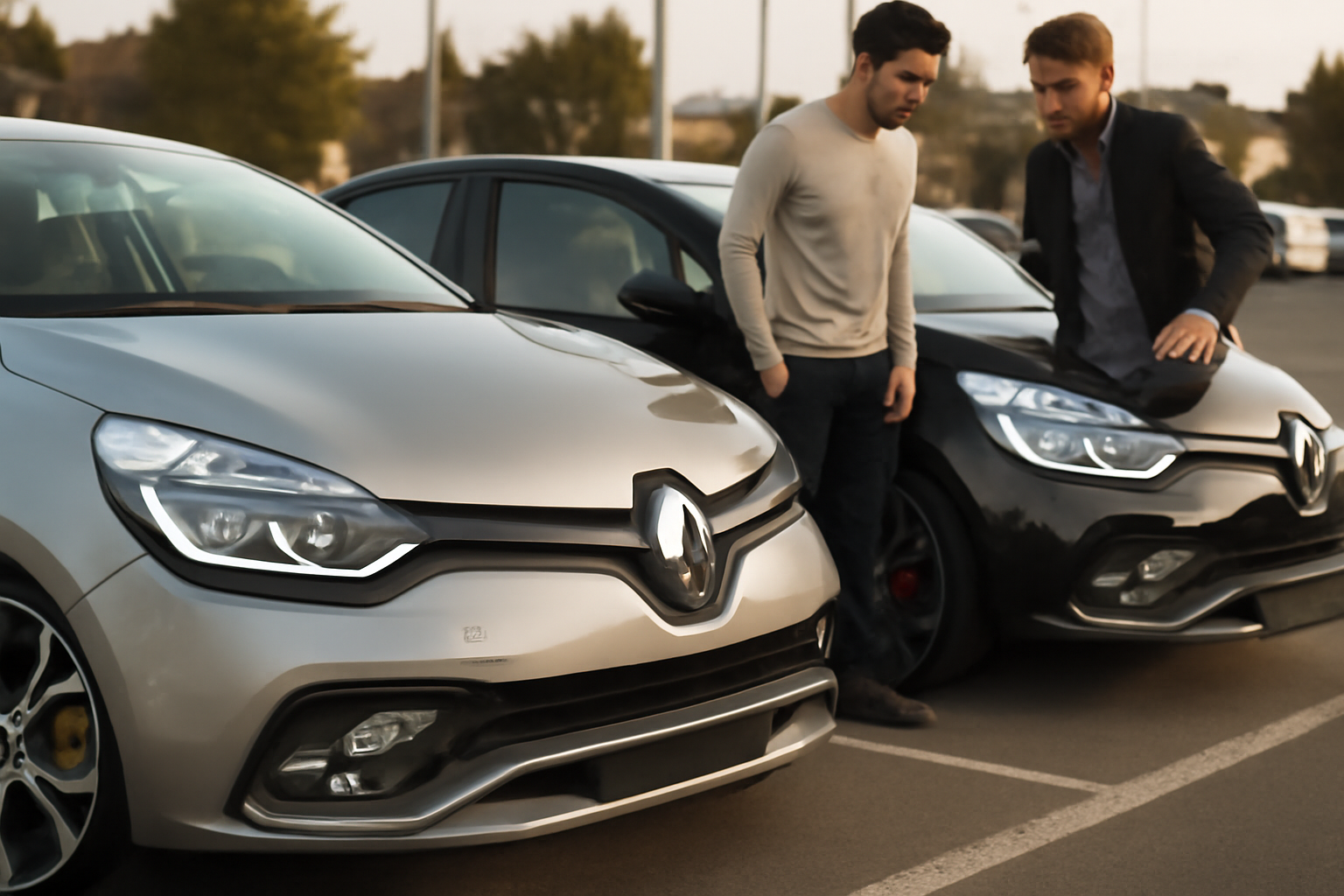 Renault Clio 4 RS 200 ch et Trophy d’occasion, vue de face sur parking en France